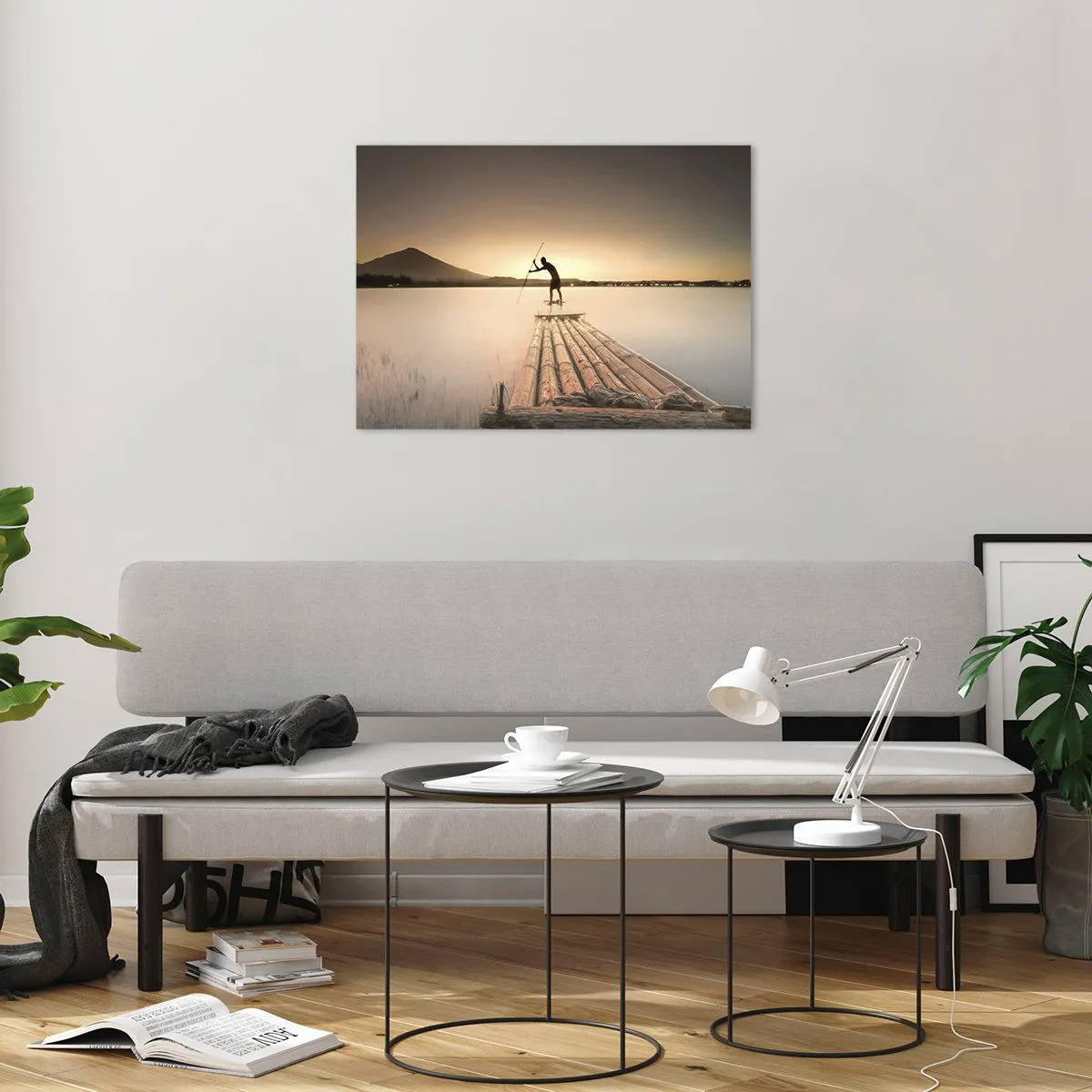 Obraz na szkle - Rybak na bambusowej tratwie o zmierzchu - 70x50cm - Przed spoczynkiem - Nowoczesna dekoracja ścienna do salonu i sypialni ARTTOR