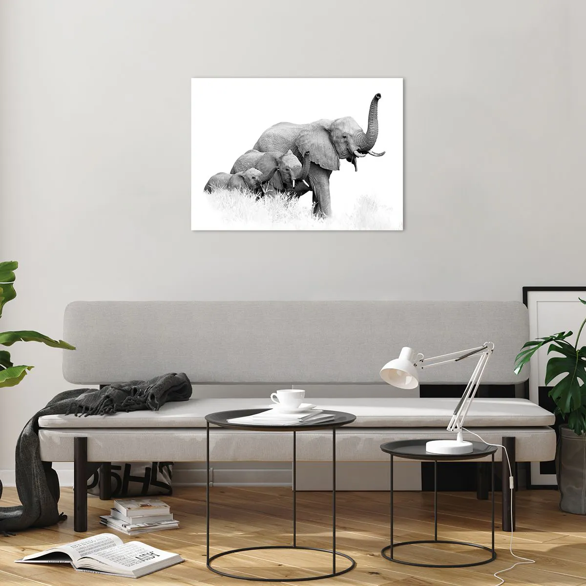 Impression sur verre - Image sur verre - Famille d'éléphants noirs et blancs dans la nature - 70x50cm - Un, deux, trois - Décoration murale moderne pour le salon et la chambre ARTTOR