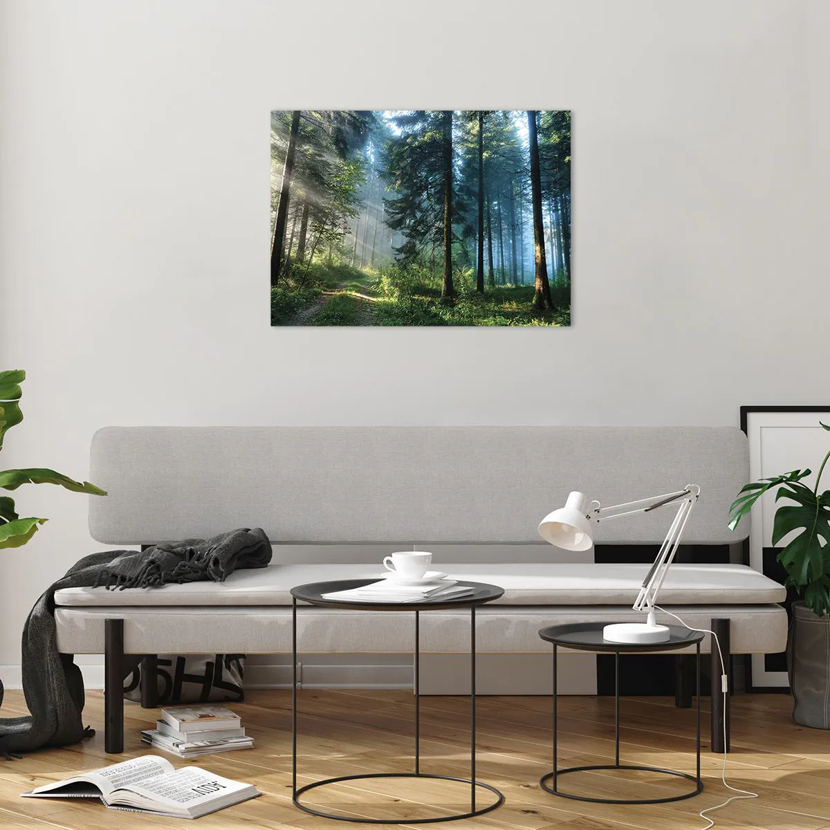 Glass picture - A forest path in the morning mist among tall trees - 70x50cm - Radiant at Dawn - Modern wall decoration for the living room and bedroom ARTTOR