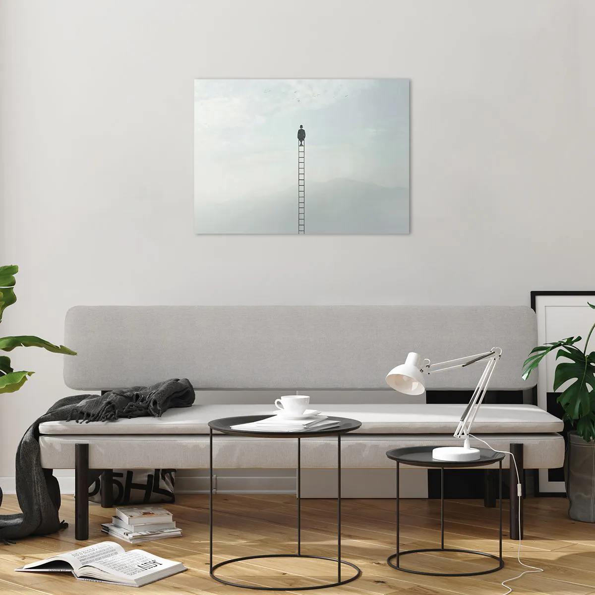 Glasbild - Bild auf glas - Silhouette eines Mannes oben auf einer Leiter in den Wolken - 70x50cm - Erhebe dich darüber! - Moderne Wanddekoration für Wohnzimmer und Schlafzimmer ARTTOR