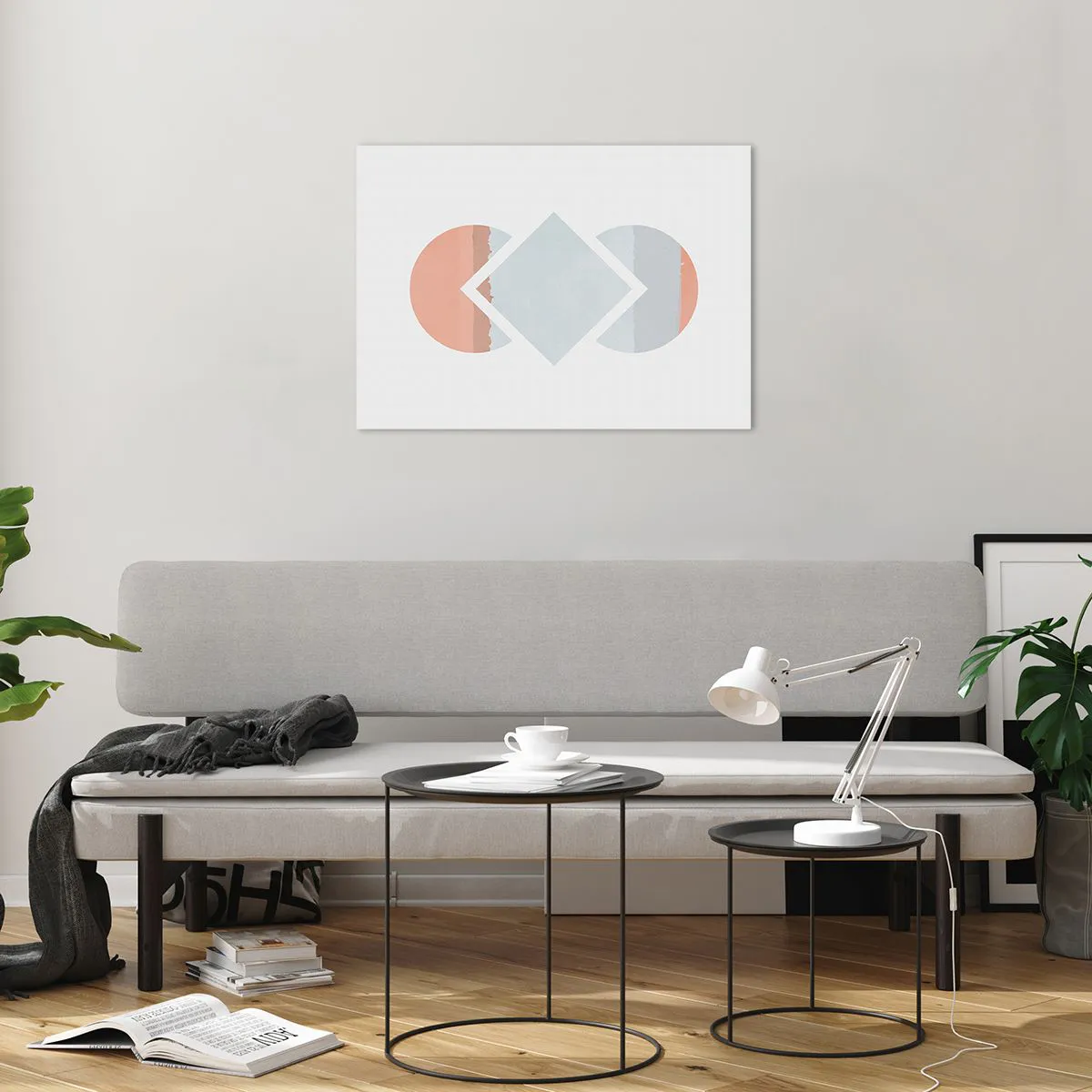 Impression sur verre - Image sur verre - Un losange pastel au centre entre les demi-cercles sur fond blanc. - 70x50cm - La situation est clair - Décoration murale moderne pour le salon et la chambre ARTTOR