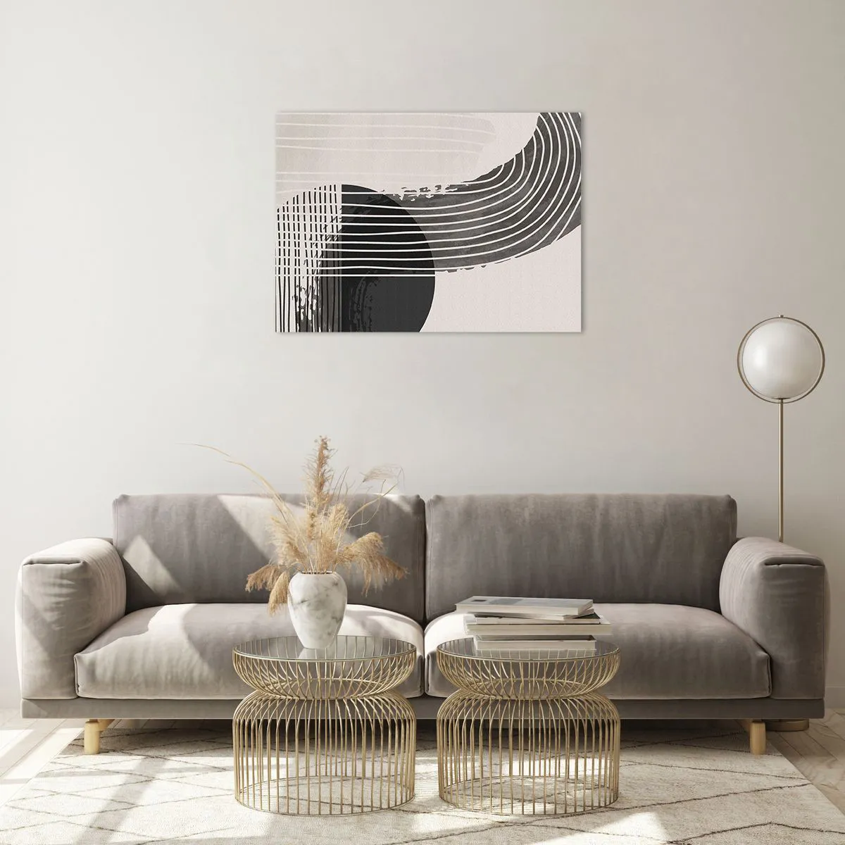 Billede på glas - Sort-hvid abstraktion med linjer og geometriske former - 70x50cm - Derhen og tilbage - Moderne vægdekoration til stue og soveværelse ARTTOR