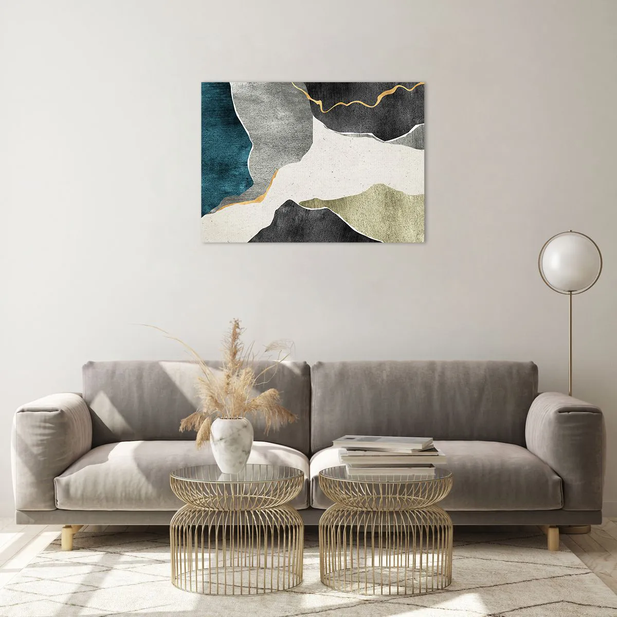 Obraz na szkle - Abstrakcyjna mozaika z organicznymi kształtami i złotą linią - 70x50cm - Mozaikowa kompozycja z nitką złota - Nowoczesna dekoracja ścienna do salonu i sypialni ARTTOR