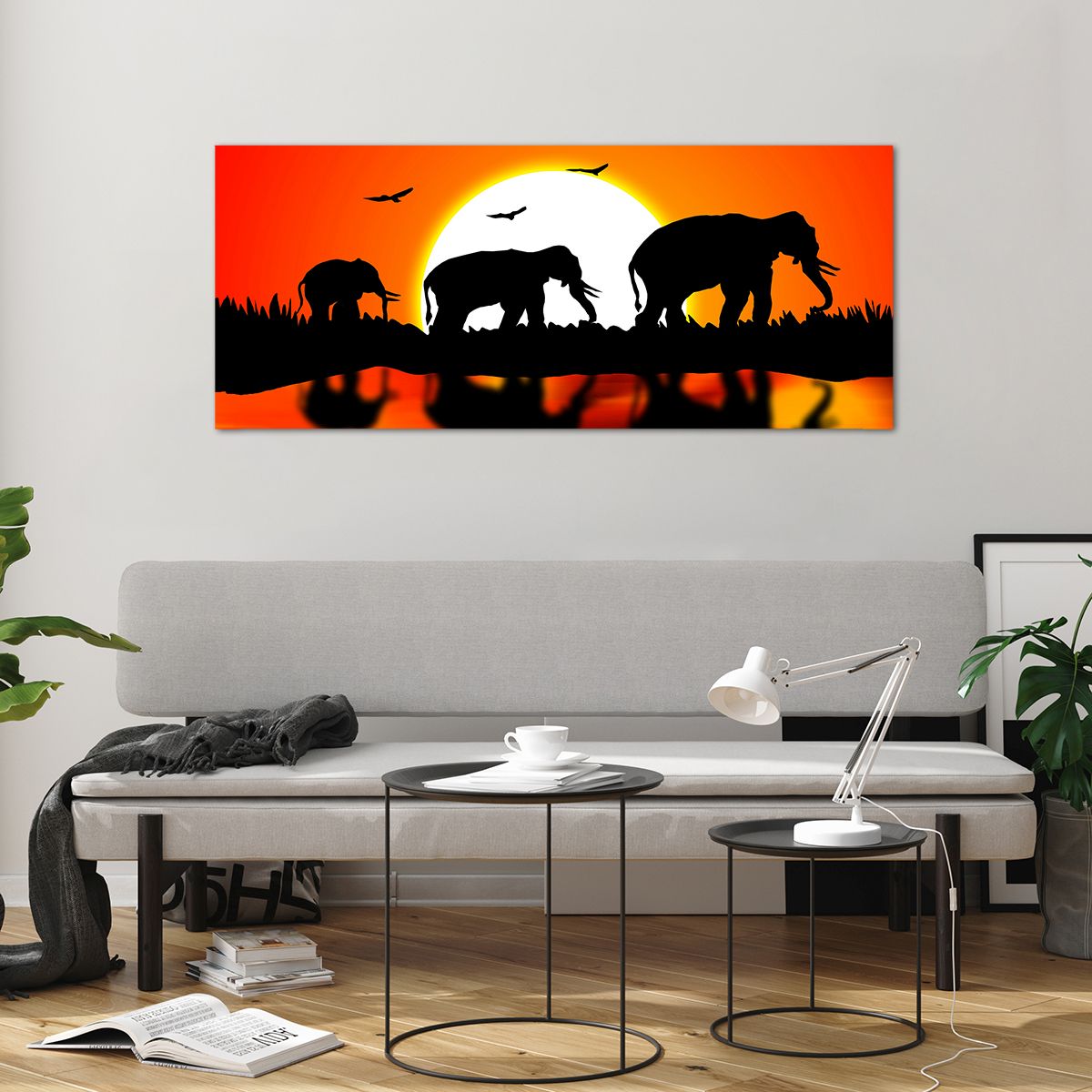 Bilder auf glas Tiere, Bilder auf glas Afrika, Bilder auf glas Elefant, Bilder auf glas Natur, Bilder auf glas Der Sonnenuntergang