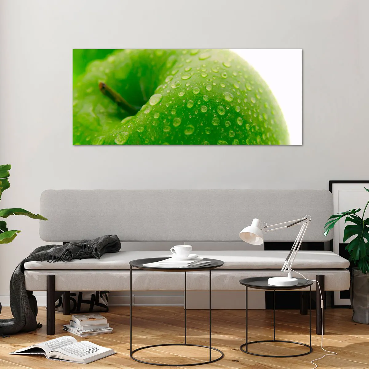 Quadro su vetro - Primo piano di una mela verde con gocce d'acqua - 120x50cm - Rinfrescante verde freschezza - Decorazione murale moderna per soggiorno e camera da letto ARTTOR