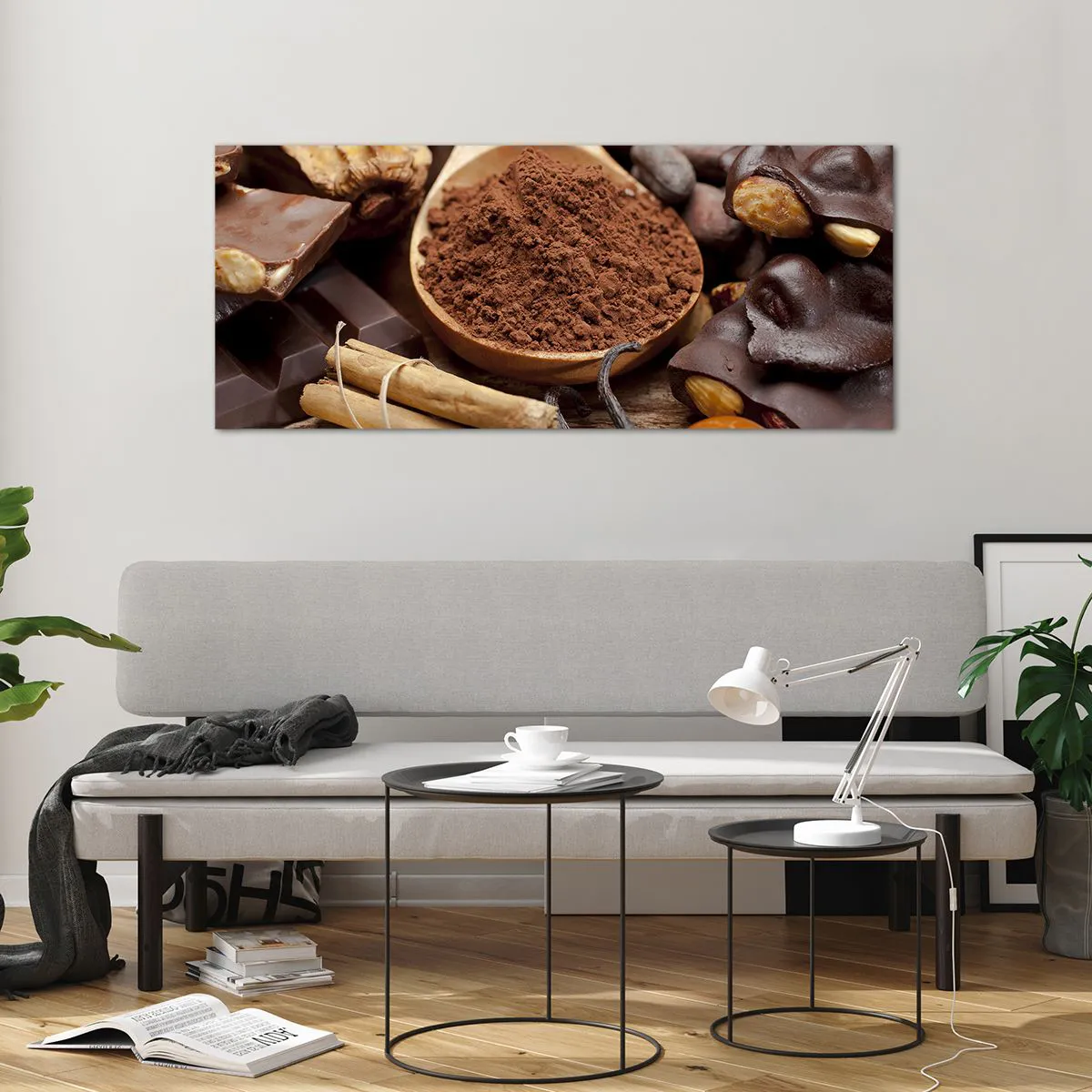 Quadro su vetro - Un cucchiaio di cacao e ingredienti al cioccolato in una disposizione rustica - 120x50cm - Ideale per i momenti di tristezza - Decorazione murale moderna per soggiorno e camera da letto ARTTOR