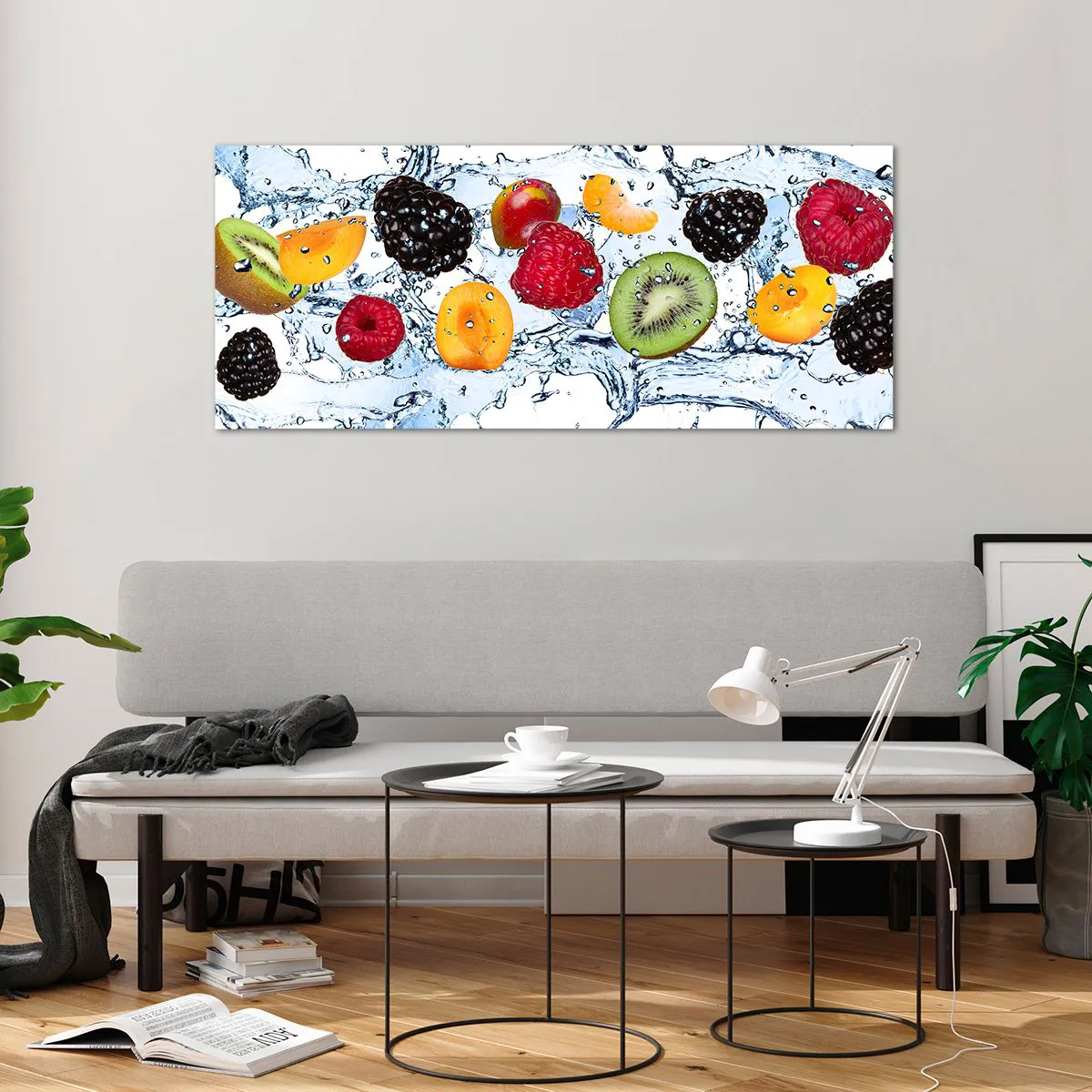 Quadro su vetro - Frutti colorati immersi in schizzi d'acqua su uno sfondo bianco - 120x50cm - Gioca con noi - Decorazione murale moderna per soggiorno e camera da letto ARTTOR