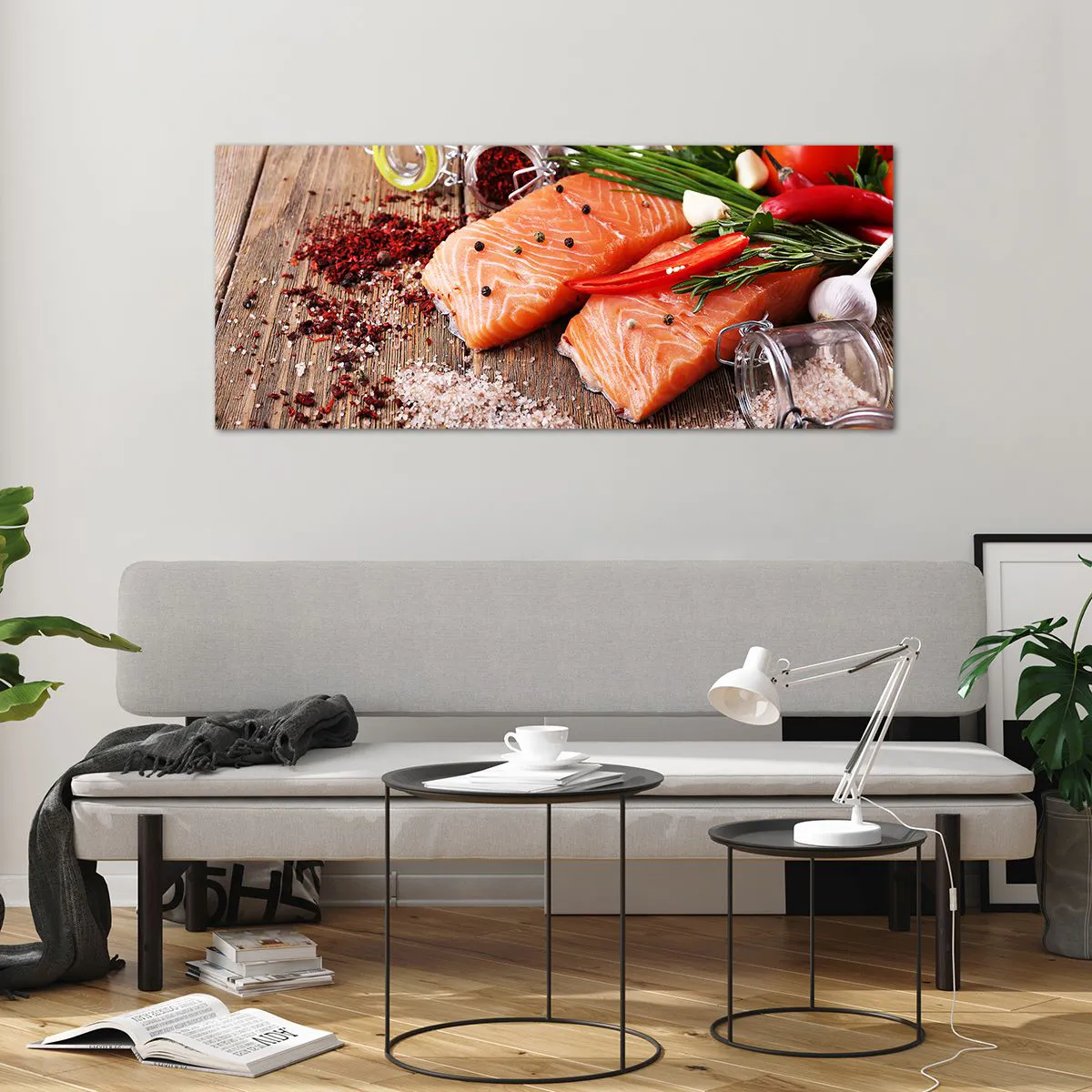 Cuadro sobre vidrio - Impresiones sobre Vidrio - Filetes de salmón con especias sobre fondo de madera. - 120x50cm - Una aventura noruega en la cocina - Decoración de pared moderna para salón y dormitorio ARTTOR