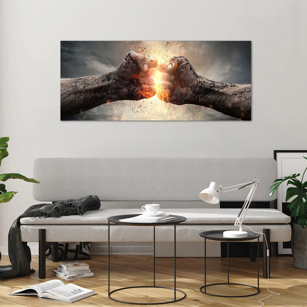 Glasbild - Bild auf glas - Geballte Fäuste in einer dynamischen Brandszene - 120x50cm - Steh auf für einen Kampf - Moderne Wanddekoration für Wohnzimmer und Schlafzimmer ARTTOR