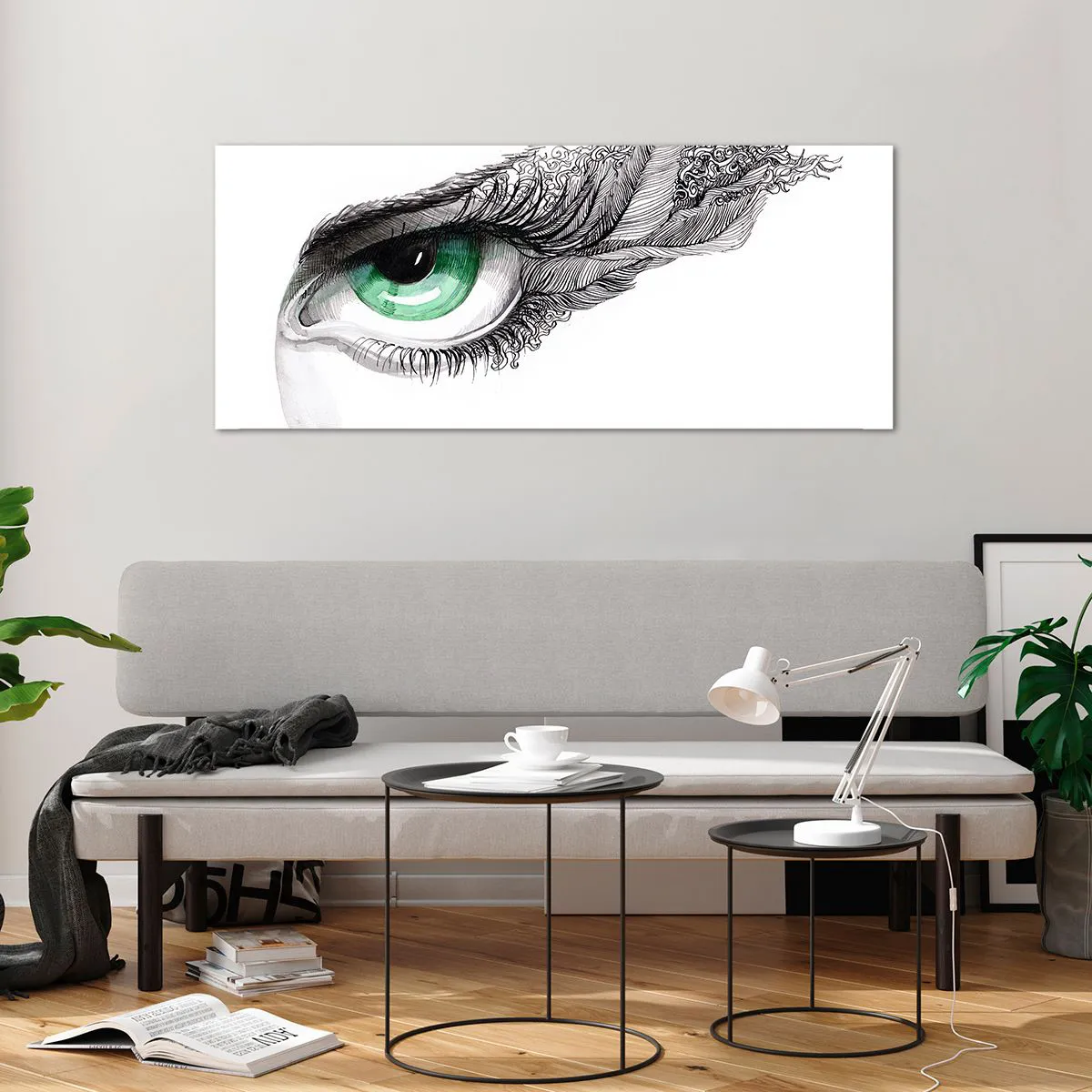 Cuadro sobre vidrio - Impresiones sobre Vidrio - Ojo artístico con iris verde y detalles de dibujo. - 120x50cm - Hermosa y lista para atacar - Decoración de pared moderna para salón y dormitorio ARTTOR