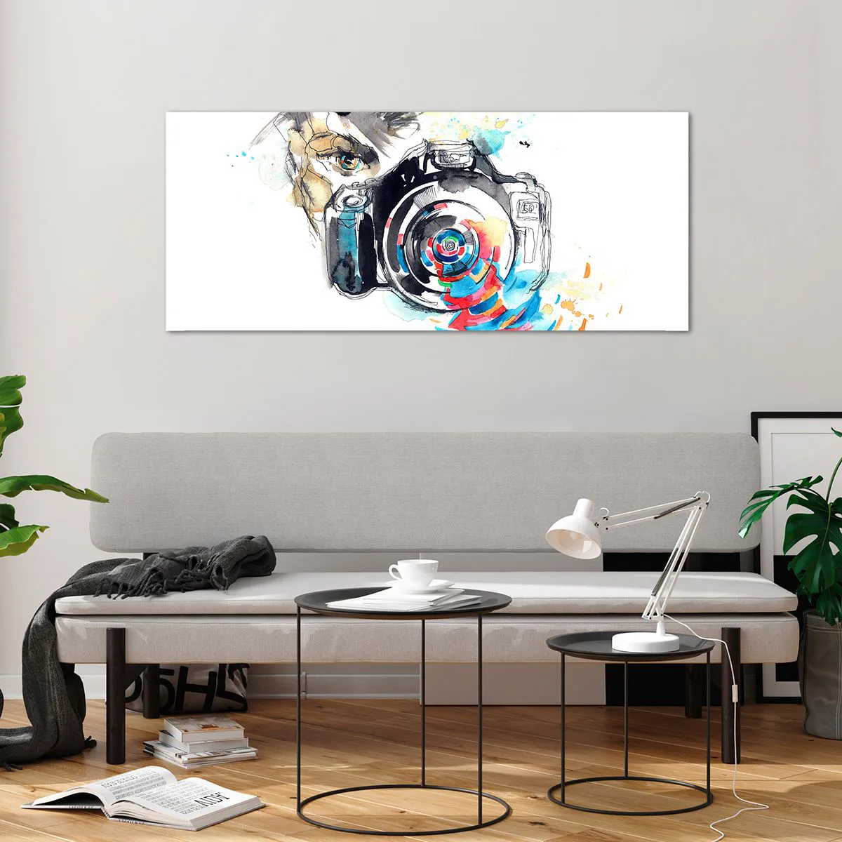 Glasbild - Bild auf glas - Aquarellkamera mit farbenfrohen Details - 120x50cm - Im Auge der Linse - Moderne Wanddekoration für Wohnzimmer und Schlafzimmer ARTTOR