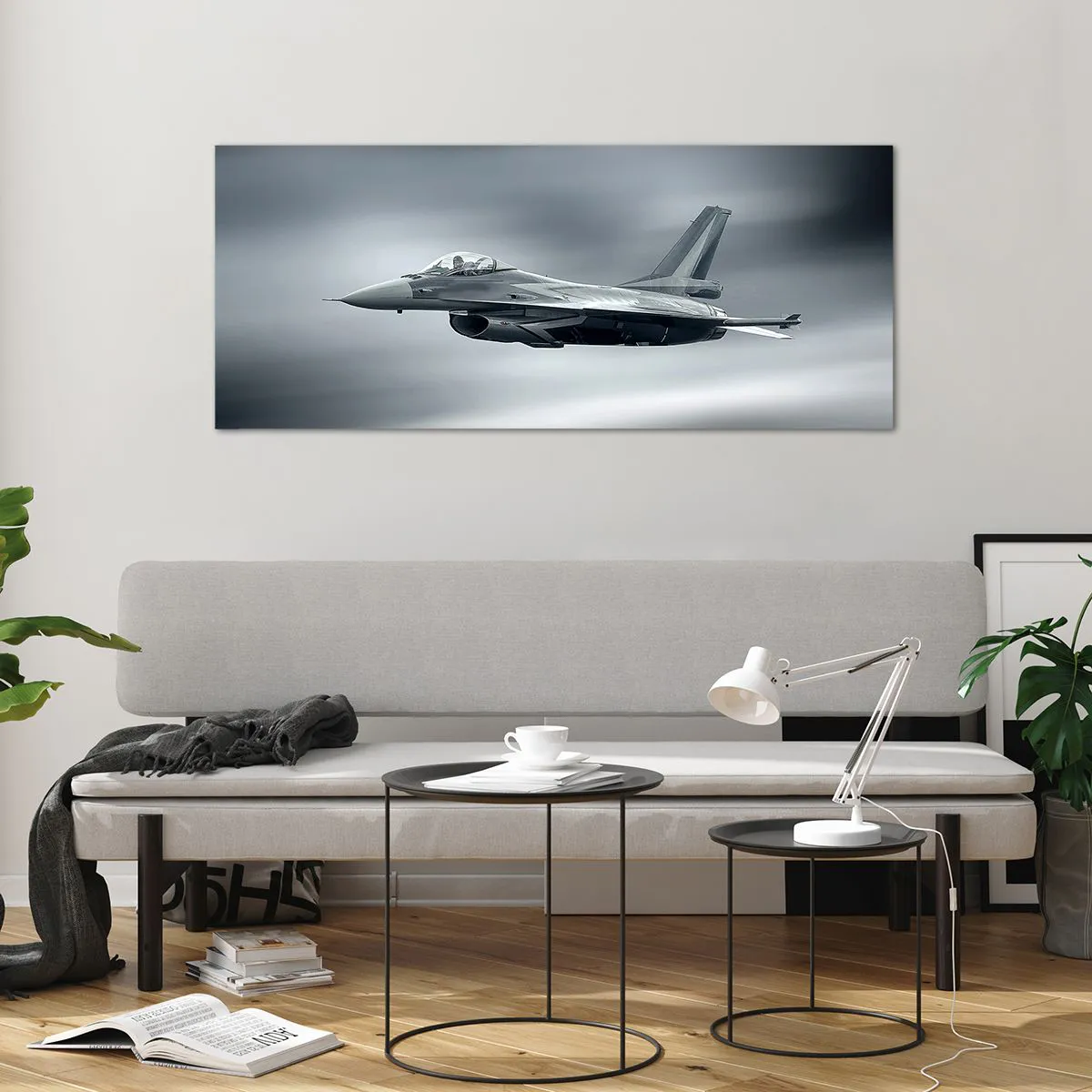 Impression sur verre - Image sur verre - Un avion de chasse en vol contre un ciel nuageux - 120x50cm - Acceptez-vous le défi? - Décoration murale moderne pour le salon et la chambre ARTTOR