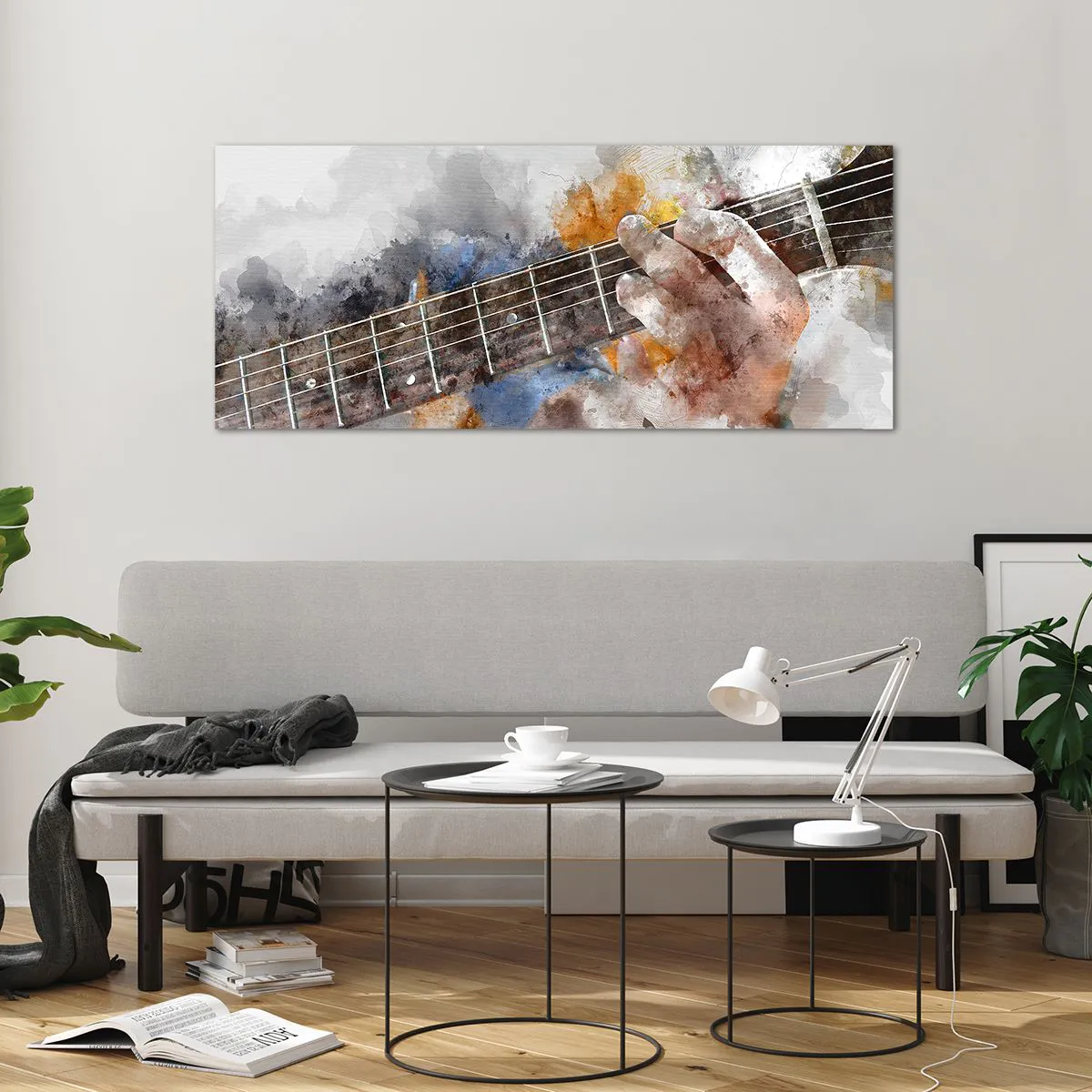 Cuadro sobre vidrio - Impresiones sobre Vidrio - Imagen abstracta de una mano tocando la guitarra. - 120x50cm - Poesía entre las cuerdas - Decoración de pared moderna para salón y dormitorio ARTTOR