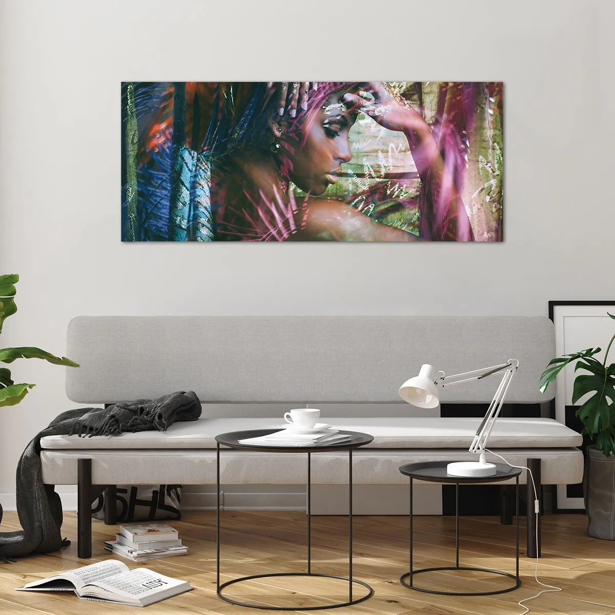 Glasbild - Bild auf glas - Porträt einer Frau, umgeben von exotischer Vegetation - 120x50cm - Mutter Natur im Dschungel - Moderne Wanddekoration für Wohnzimmer und Schlafzimmer ARTTOR