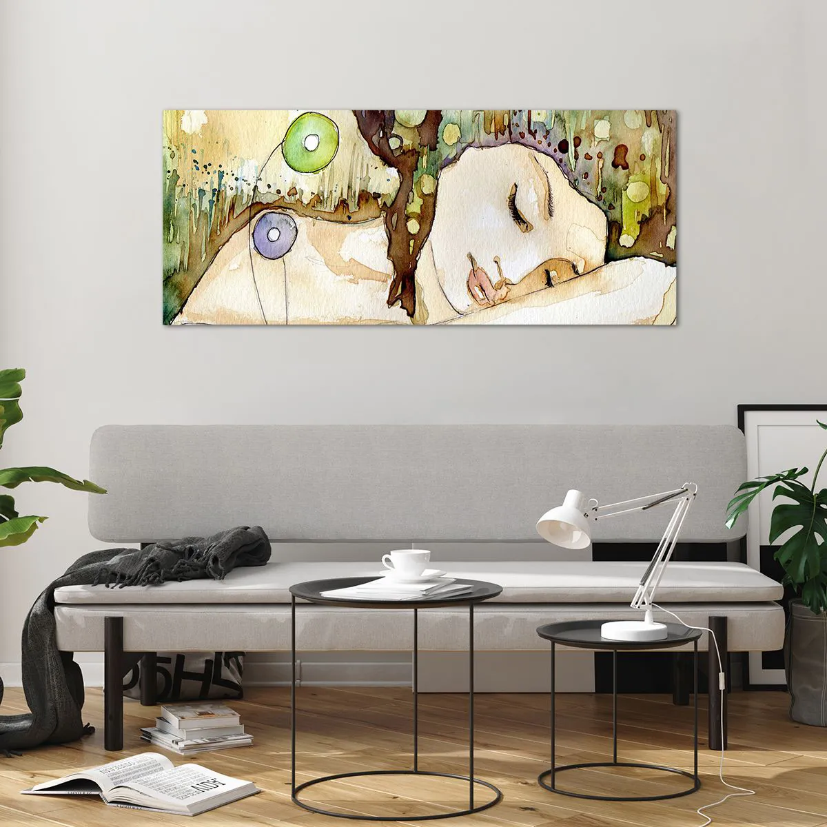 Glasbild - Bild auf glas - Eine träumende Frau, umgeben von abstrakten Formen und Farben. - 120x50cm - Ein smaragd-violetter Traum - Moderne Wanddekoration für Wohnzimmer und Schlafzimmer ARTTOR