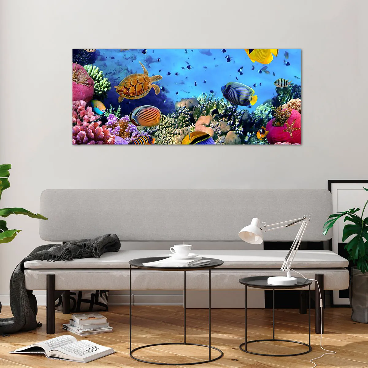 Obraz na szkle - Rafa koralowa z kolorowymi rybami i żółwiem morską - 120x50cm - I co my wiemy o życiu... - Nowoczesna dekoracja ścienna do salonu i sypialni ARTTOR