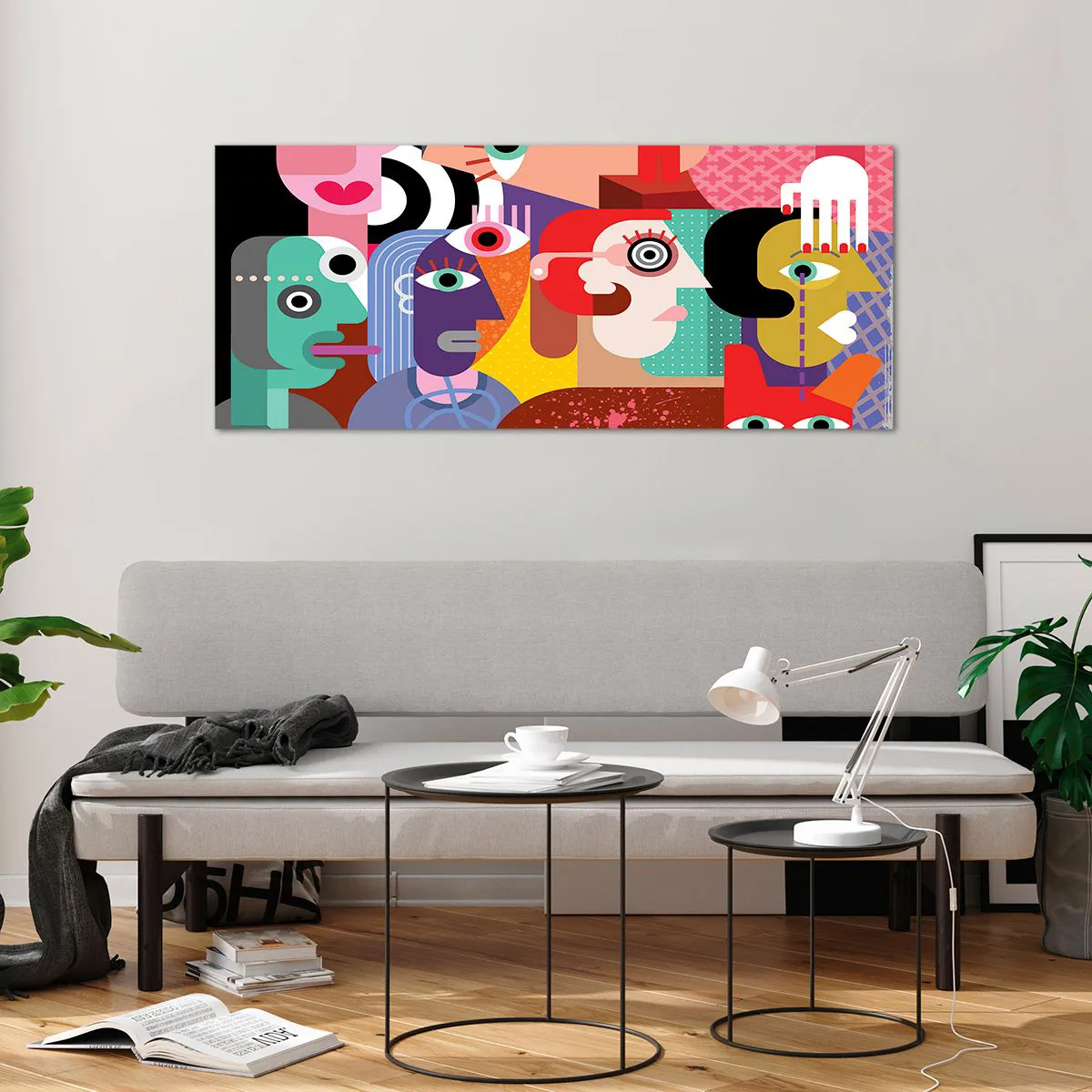 Cuadro sobre vidrio - Impresiones sobre Vidrio - Abstracción colorida con caras geométricas. - 120x50cm - Estilo Picasso - Decoración de pared moderna para salón y dormitorio ARTTOR