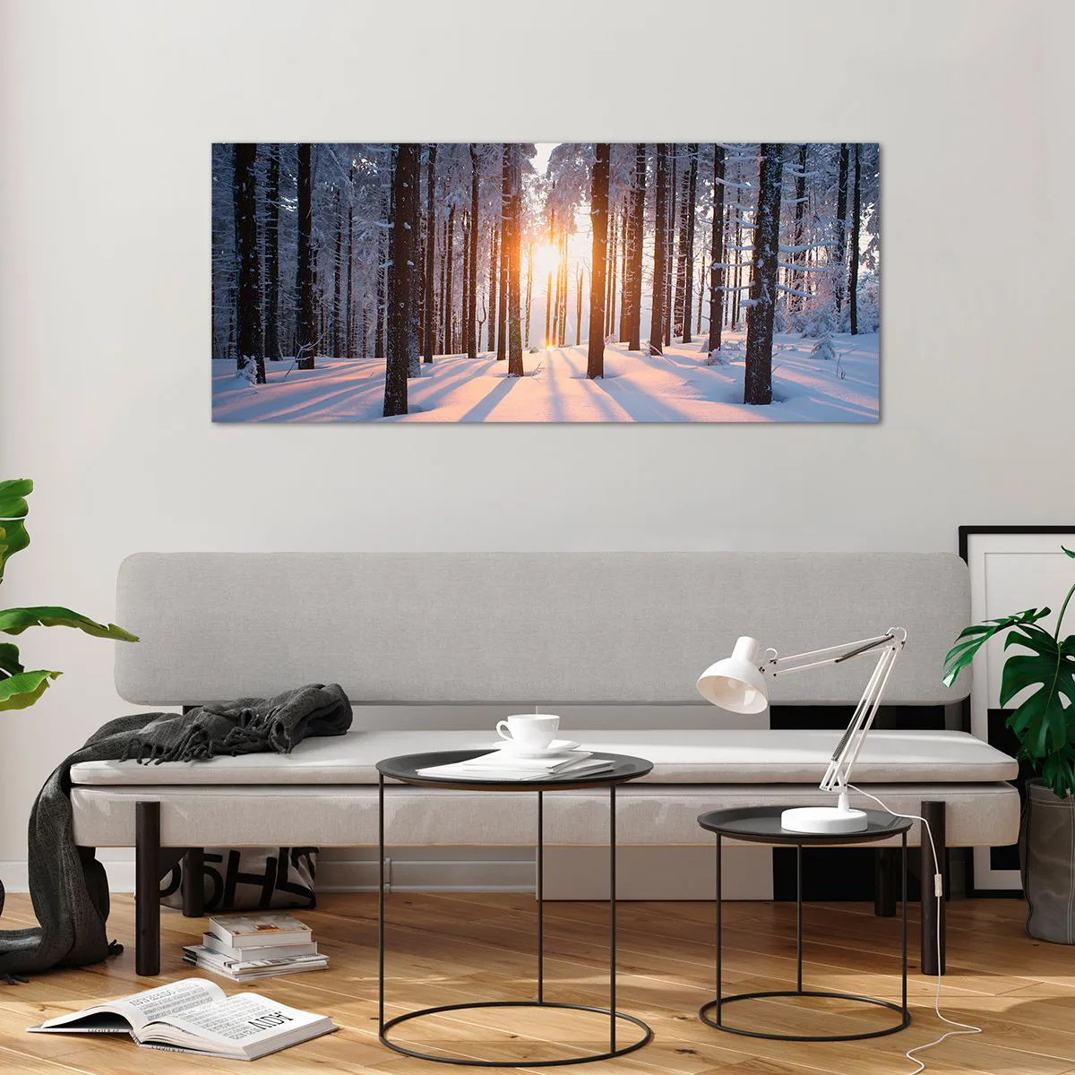 Cuadro sobre vidrio - Impresiones sobre Vidrio - Bosque invernal iluminado por los rayos del sol. - 120x50cm - Claramente en blanco y negro - Decoración de pared moderna para salón y dormitorio ARTTOR