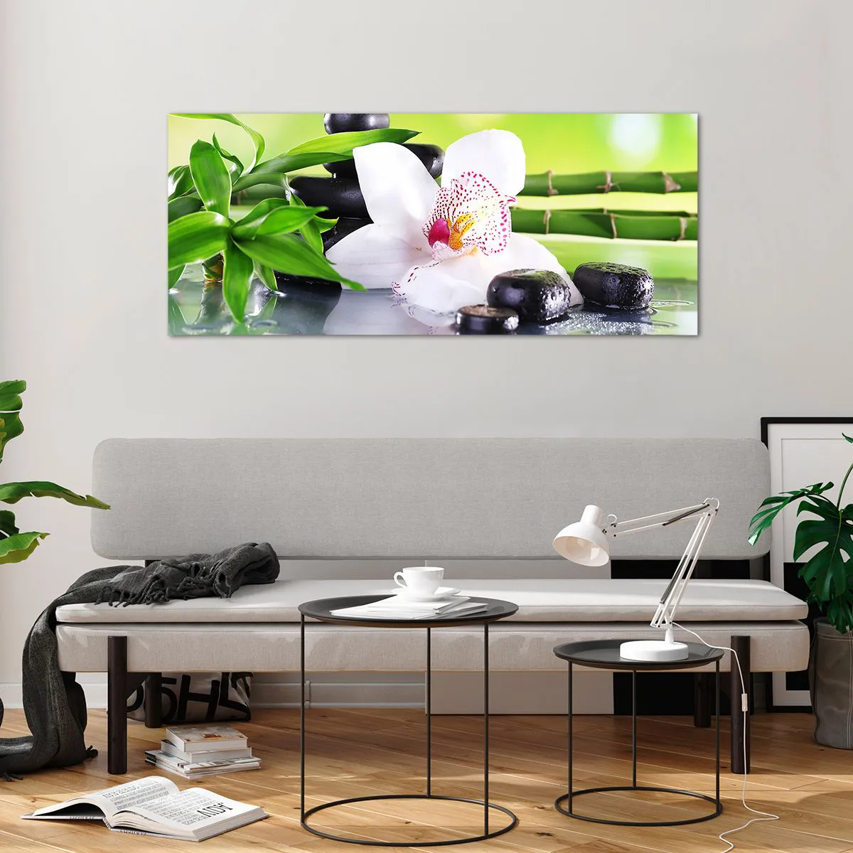 Obraz na szkle - Orchidea, kamienie i bambus w harmonijnej kompozycji spa - 120x50cm - Chłodna świeżość - Nowoczesna dekoracja ścienna do salonu i sypialni ARTTOR