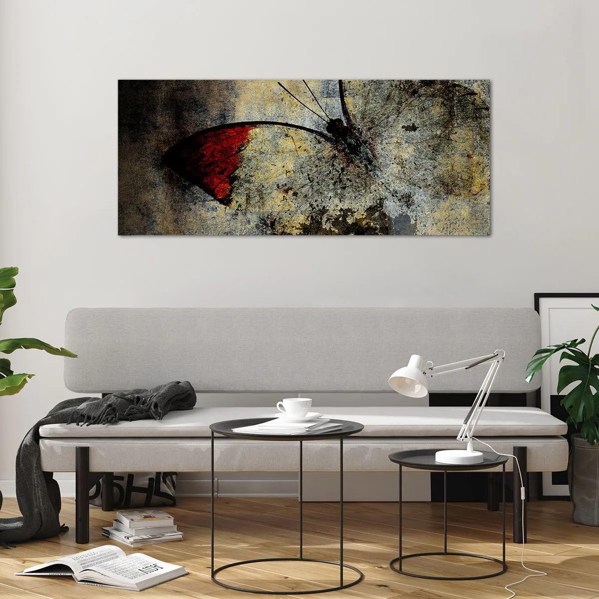 Glasbild - Bild auf glas - Ein Schmetterling in Rot- und Grautönen auf strukturiertem Hintergrund - 120x50cm - Pass auf, bevor ich verschwinde - Moderne Wanddekoration für Wohnzimmer und Schlafzimmer ARTTOR