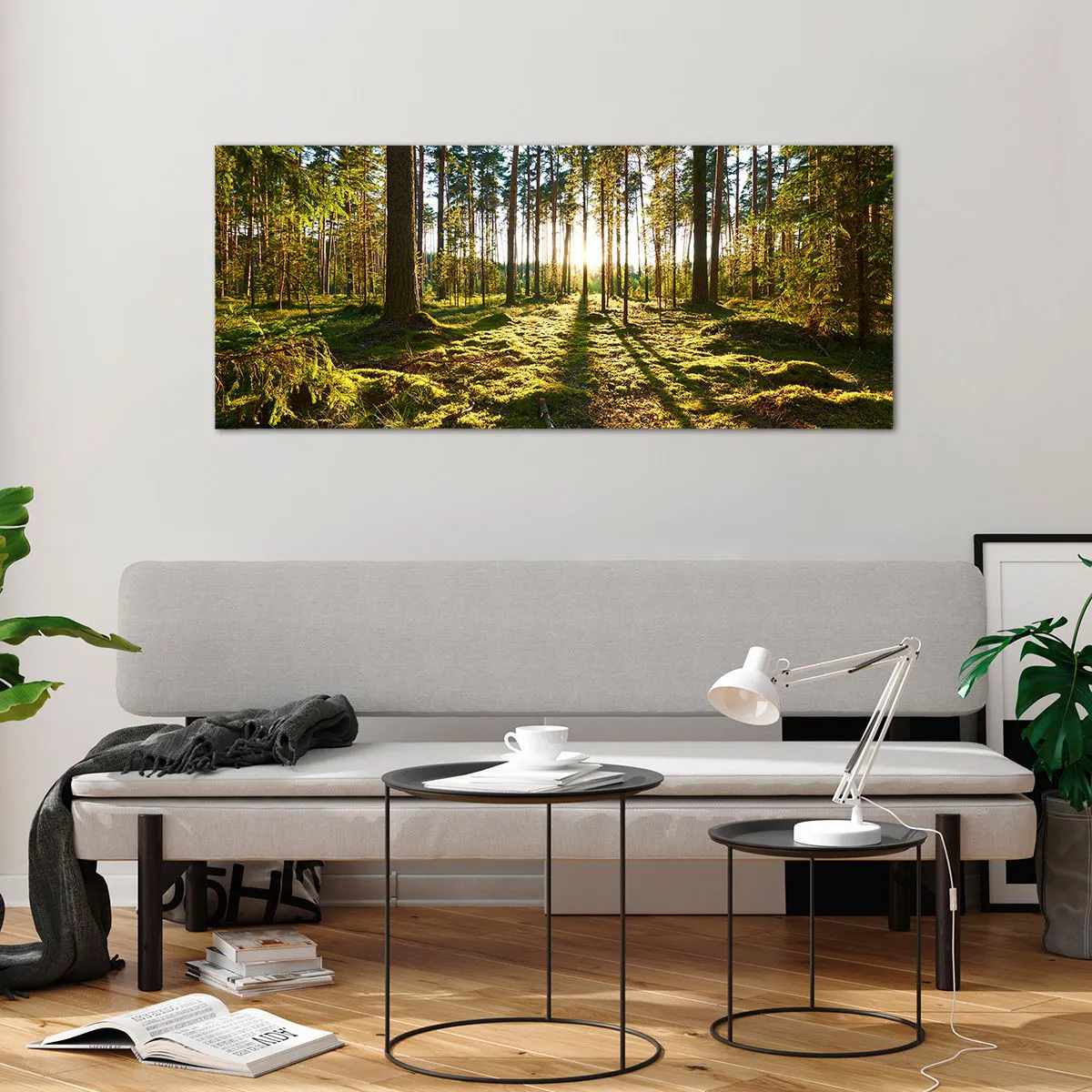 Impression sur verre - Image sur verre - Forêt verte illuminée par la lumière du soleil sur la mousse - 120x50cm - … Derrière les sept forêts - Décoration murale moderne pour le salon et la chambre ARTTOR