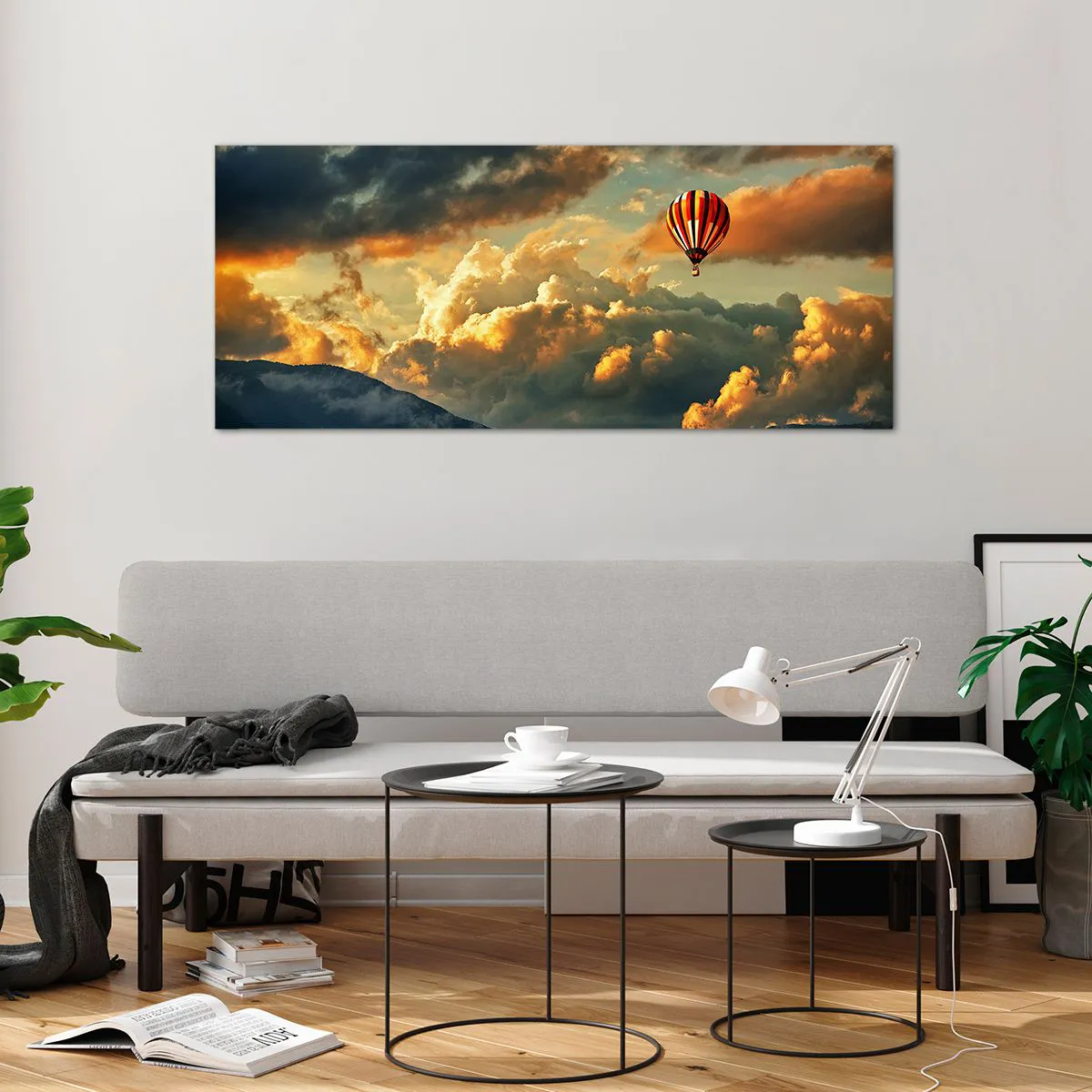 Quadro su vetro - Un pallone sullo sfondo di nuvole spettacolari - 120x50cm - Volo perché voglio - Decorazione murale moderna per soggiorno e camera da letto ARTTOR