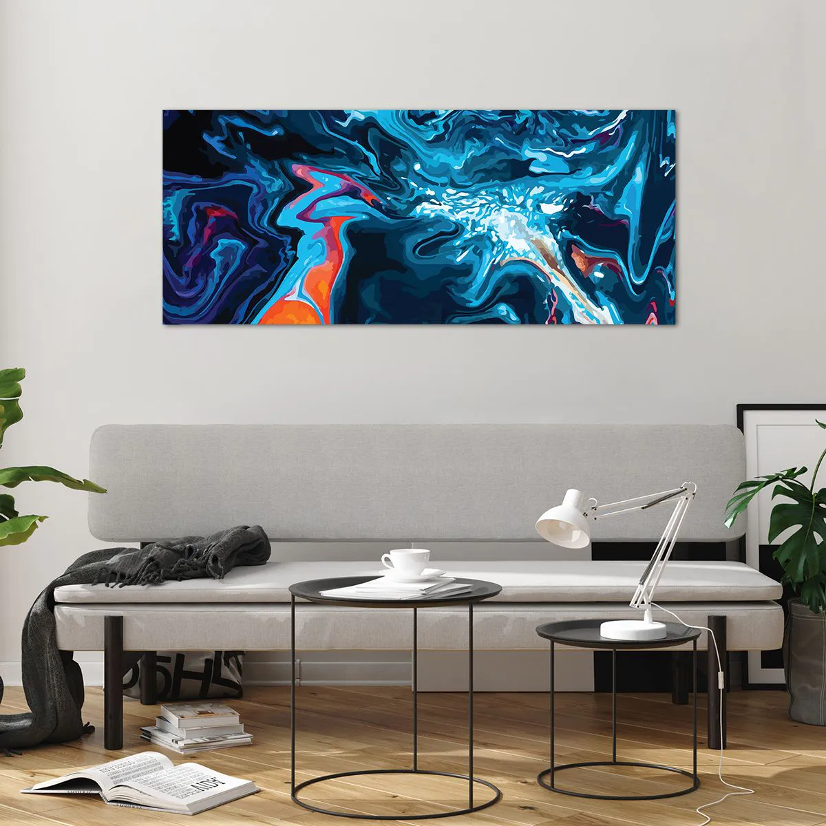 Impression sur verre - Image sur verre - Un motif abstrait dans des tons de bleu avec des accents orange. - 120x50cm - Voyage au centre du ciel - Décoration murale moderne pour le salon et la chambre ARTTOR