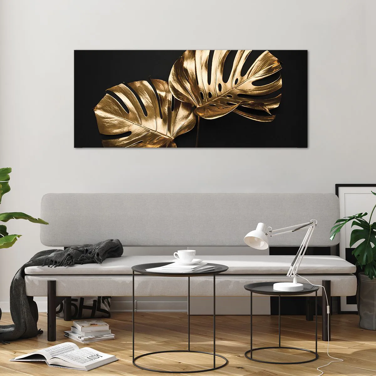 Glasbild - Bild auf glas - Goldene Monstera-Blätter auf schwarzem Hintergrund - 120x50cm - Die Schätze der Natur - Moderne Wanddekoration für Wohnzimmer und Schlafzimmer ARTTOR