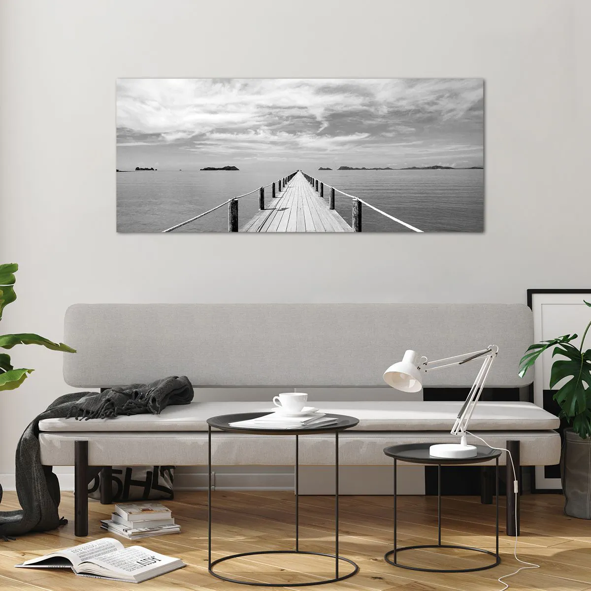 Obraz na szkle - Drewniane molo prowadzące w dal nad spokojnym morzem - 120x50cm - A może podróż… - Nowoczesna dekoracja ścienna do salonu i sypialni ARTTOR