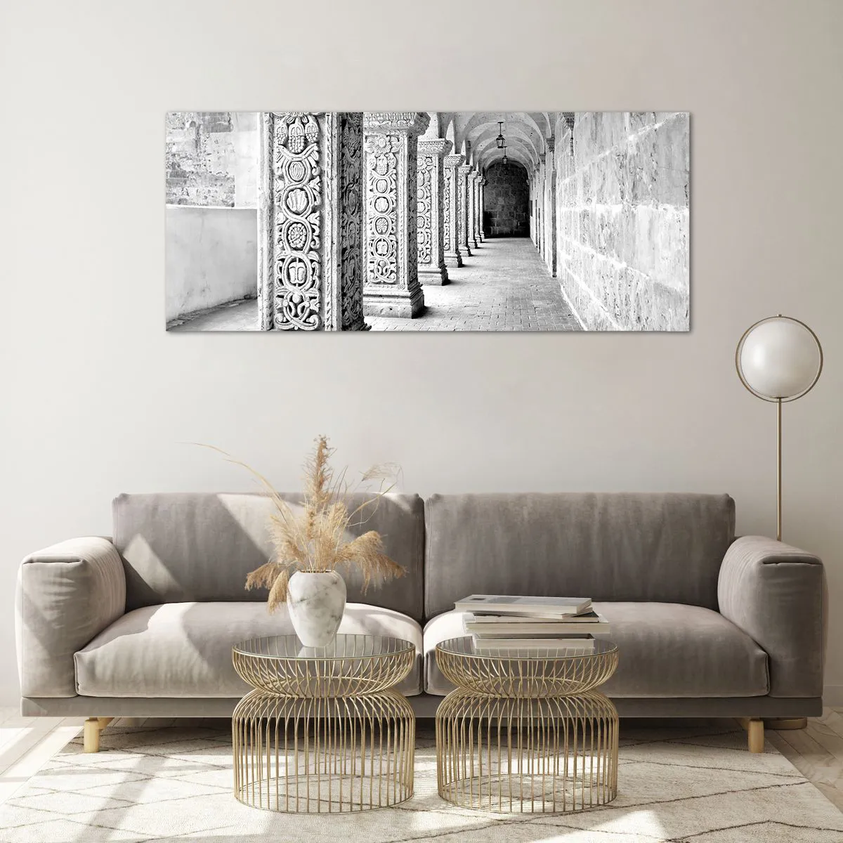 Impression sur verre - Image sur verre - Colonnes historiques dans une prise de vue monochrome - 120x50cm - Où cela mène-t-il…? - Décoration murale moderne pour le salon et la chambre ARTTOR