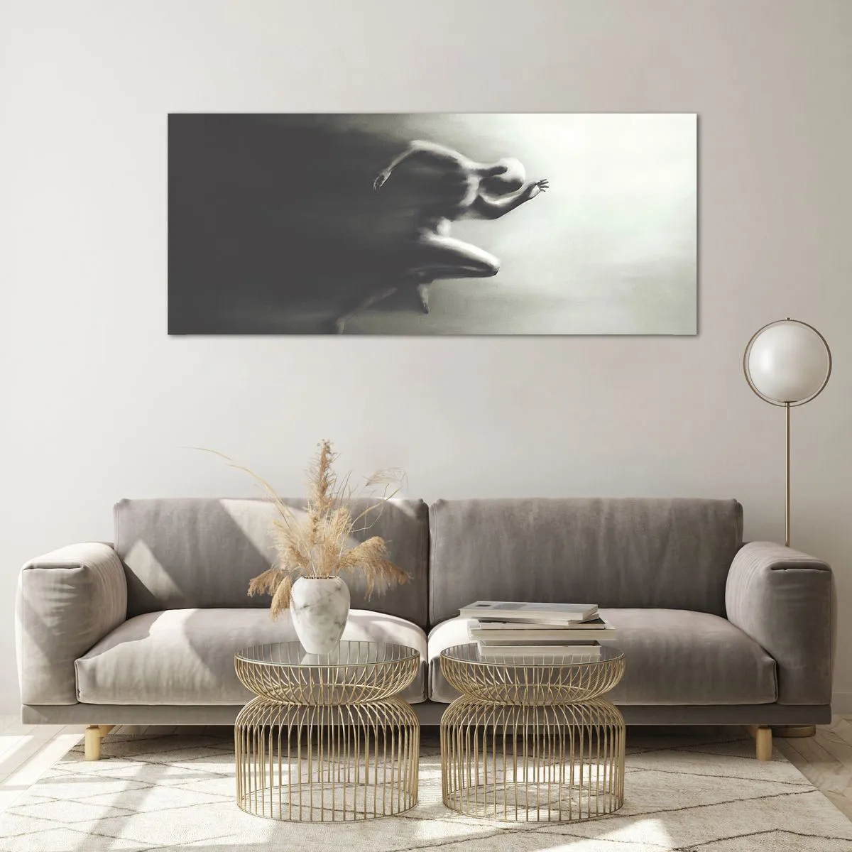 Glasbild - Bild auf glas - Eine schwarz-weiße Silhouette einer laufenden Figur in einem dynamischen und surrealen Stil. - 120x50cm - Unwiderstehlich - Moderne Wanddekoration für Wohnzimmer und Schlafzimmer ARTTOR