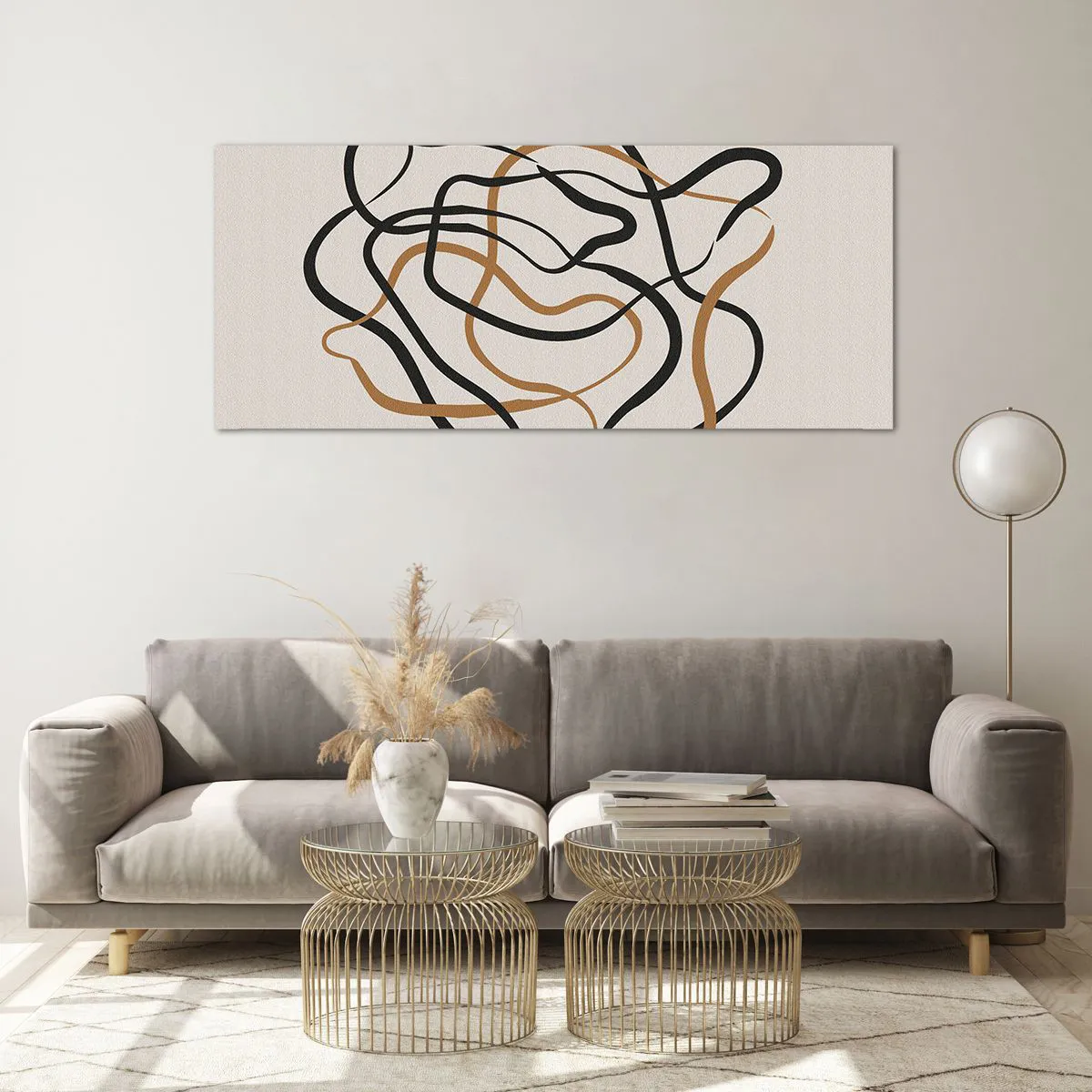 Glasbild - Bild auf glas - Verworrene Linien in Schwarz und Gold auf hellem Hintergrund - 120x50cm - Alles ging schief - Moderne Wanddekoration für Wohnzimmer und Schlafzimmer ARTTOR