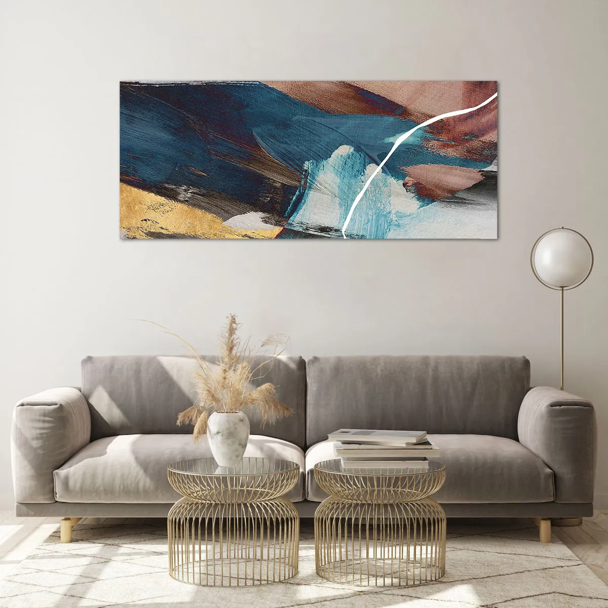 Cuadro sobre vidrio - Impresiones sobre Vidrio - Pinceladas abstractas en tonos azules y dorados. - 120x50cm - Con estilo y energía - Decoración de pared moderna para salón y dormitorio ARTTOR