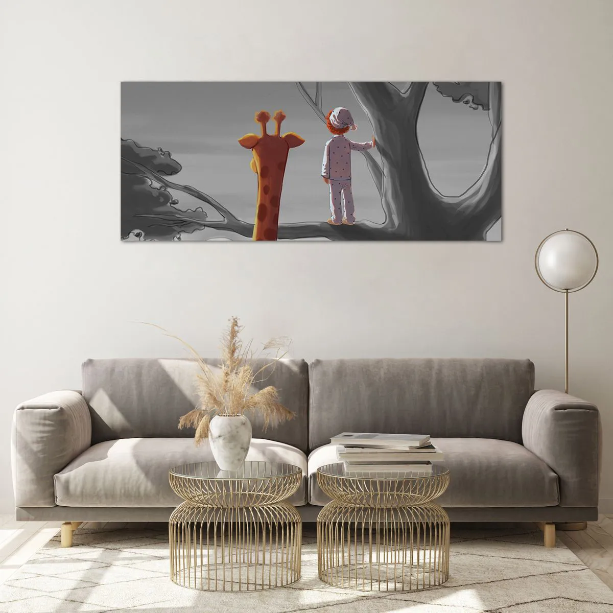 Obraz na szkle - Dziecko i żyrafa na gałęzi drzewa w bajkowym krajobrazie - 120x50cm - To się naprawdę dzieje - Nowoczesna dekoracja ścienna do salonu i sypialni ARTTOR