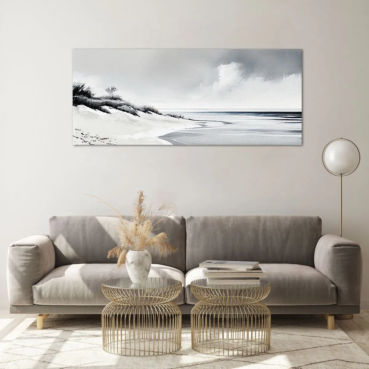 Impression sur verre - Image sur verre - Une plage aux tons sobres de gris et de bleu - 120x50cm - Ensemble depuis toujours - Décoration murale moderne pour le salon et la chambre ARTTOR