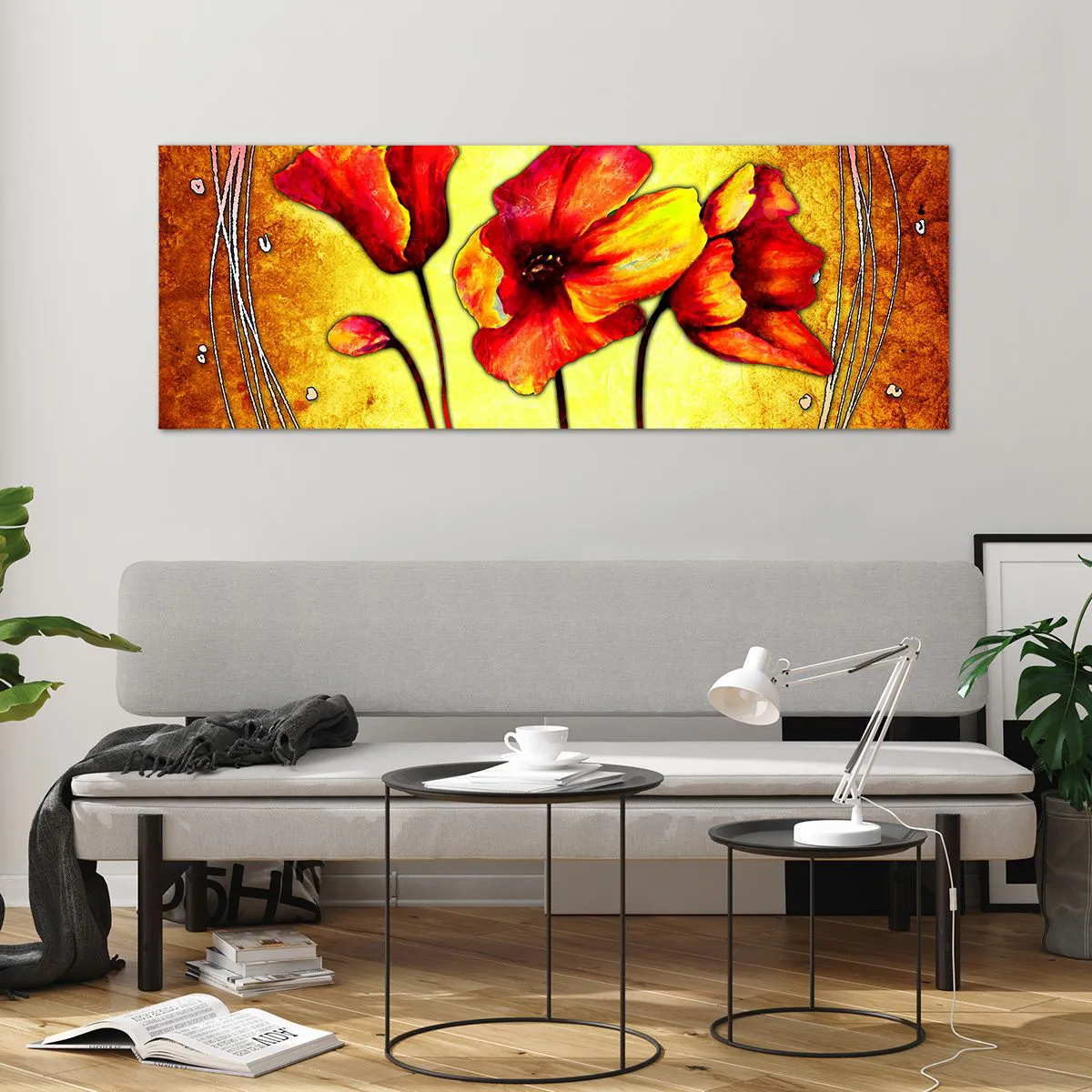 Quadro su vetro - Fiori rossi e gialli su sfondo oro con motivi decorativi - 140x50cm - Decorazione Art Nouveau - Decorazione murale moderna per soggiorno e camera da letto ARTTOR
