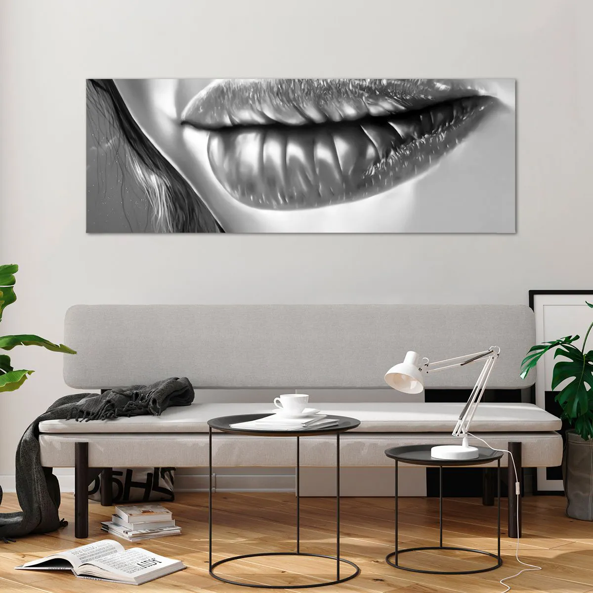 Cuadro sobre vidrio - Impresiones sobre Vidrio - Primer plano en blanco y negro de los labios de una mujer con efecto brillante y detalles. - 140x50cm - Sé lo que estás pensando... - Decoración de pared moderna para salón y dormitorio ARTTOR