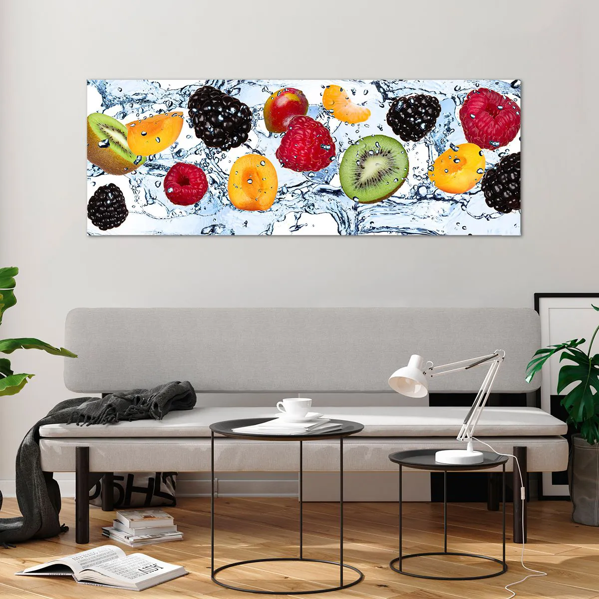 Quadro su vetro - Frutti colorati immersi in schizzi d'acqua su uno sfondo bianco - 140x50cm - Gioca con noi - Decorazione murale moderna per soggiorno e camera da letto ARTTOR