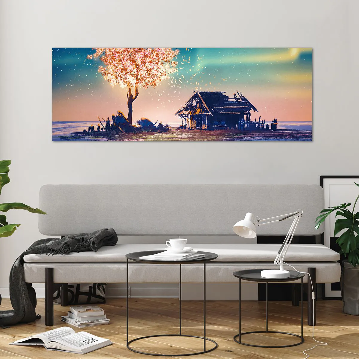 Glasbild - Bild auf glas - Ein Haus und ein blühender Baum unter dem Nachthimmel - 140x50cm - Die Natur vergeht nicht - Moderne Wanddekoration für Wohnzimmer und Schlafzimmer ARTTOR