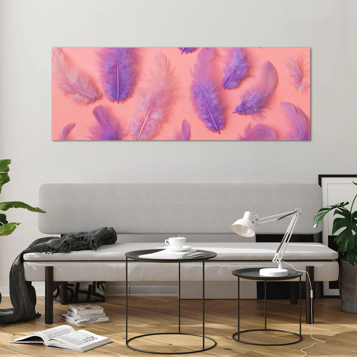 Quadro su vetro - Piume viola e rosa su uno sfondo pastello - 140x50cm - L'uccello lilla del desiderio - Decorazione murale moderna per soggiorno e camera da letto ARTTOR