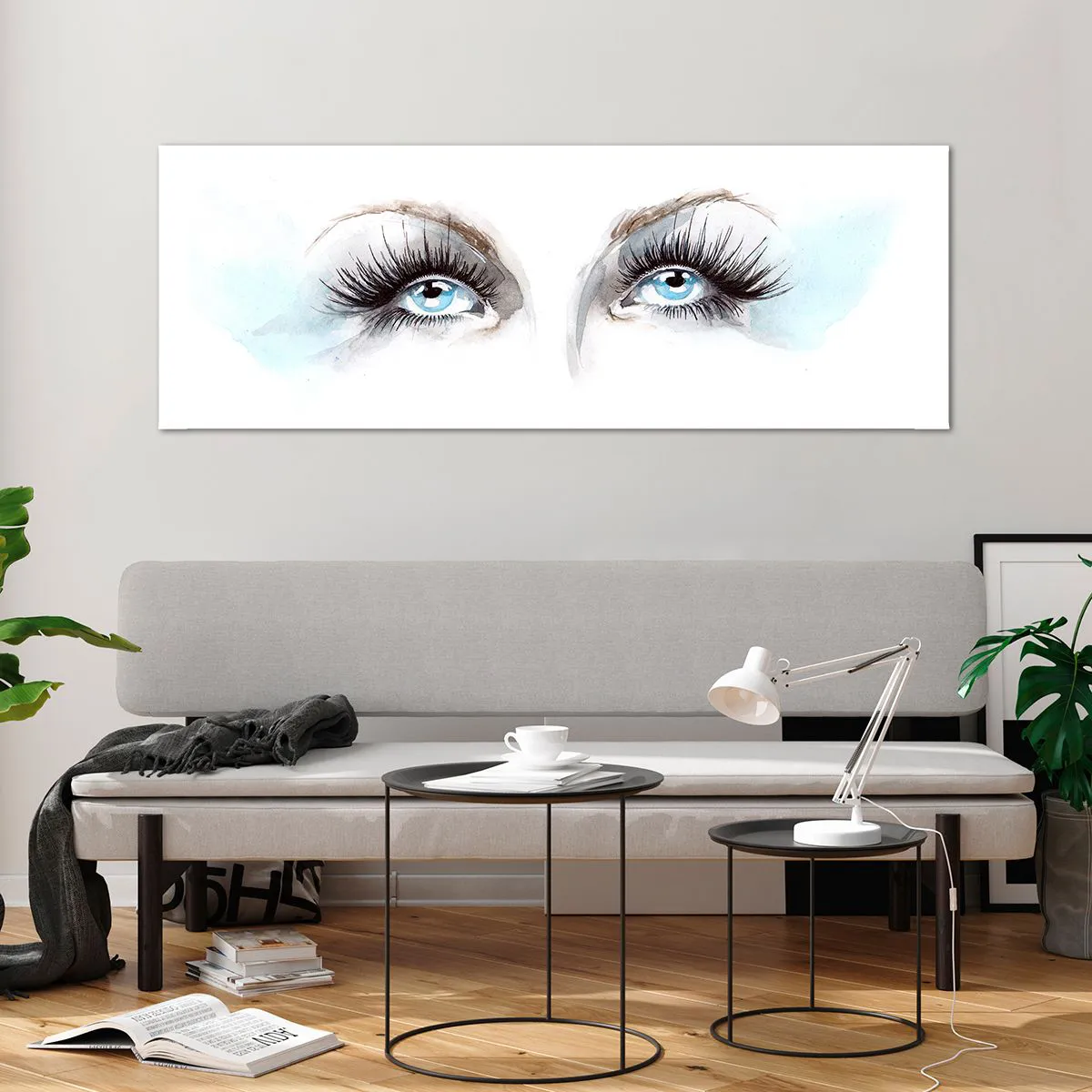 Obraz na szkle - Akwarela z niebieskimi oczami i delikatnymi akcentami - 140x50cm - Oczy anioła? - Nowoczesna dekoracja ścienna do salonu i sypialni ARTTOR