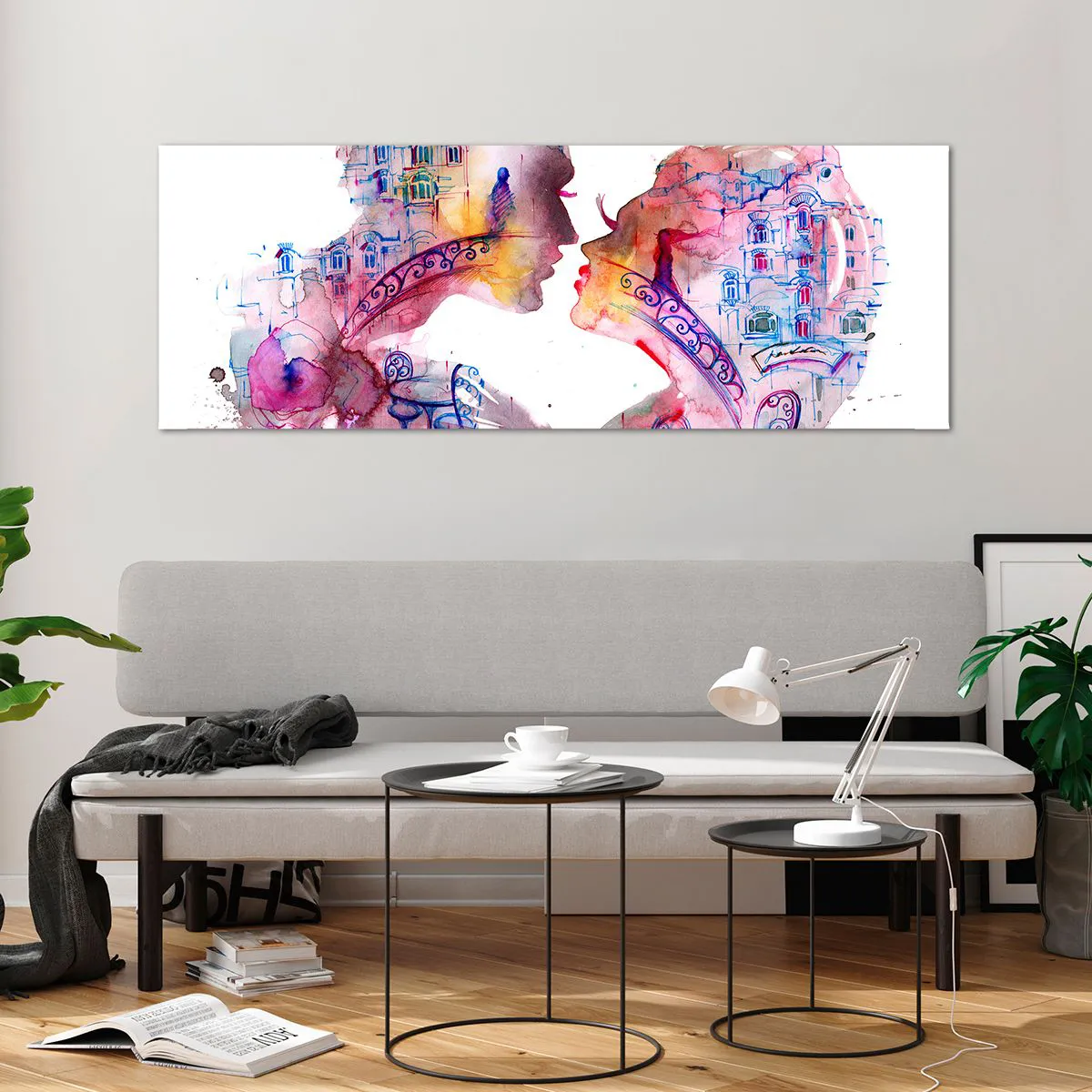 Glasbild - Bild auf glas - Ein romantisches Aquarell, das die Silhouetten von Liebenden darstellt - 140x50cm - Die geheime Seufzerbrücke - Moderne Wanddekoration für Wohnzimmer und Schlafzimmer ARTTOR