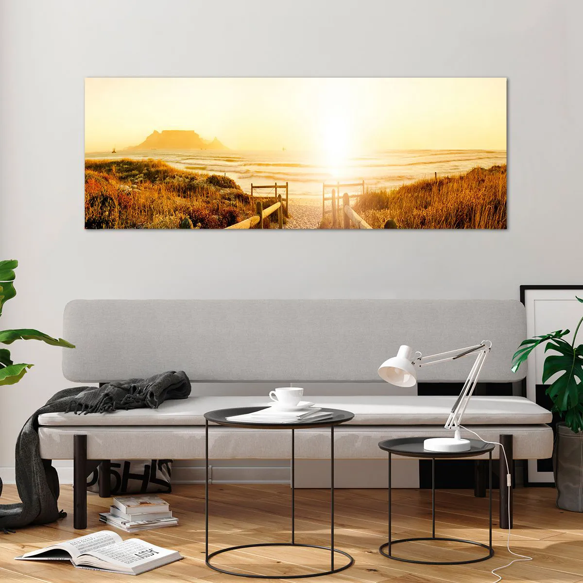 Impression sur verre - Image sur verre - Chemin vers la plage pendant un coucher de soleil doré - 140x50cm - A travers la dune, vers le soleil - Décoration murale moderne pour le salon et la chambre ARTTOR