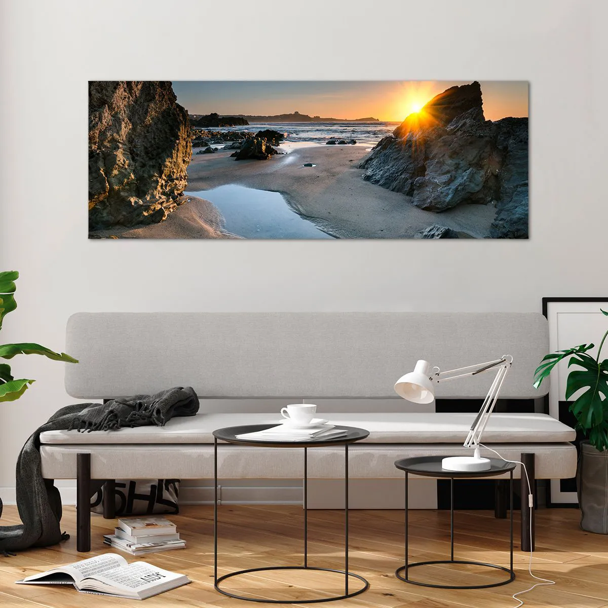 Impression sur verre - Image sur verre - Coucher de soleil pittoresque sur une plage rocheuse - 140x50cm - Intouché par la main de l'homme - Décoration murale moderne pour le salon et la chambre ARTTOR