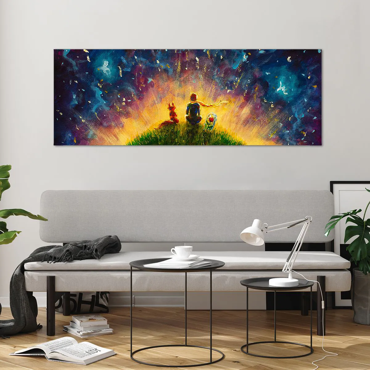 Impression sur verre - Image sur verre - Personnages sur une colline verdoyante entourée d'un ciel étoilé - 140x50cm - Amour et amitié - le monde entier - Décoration murale moderne pour le salon et la chambre ARTTOR