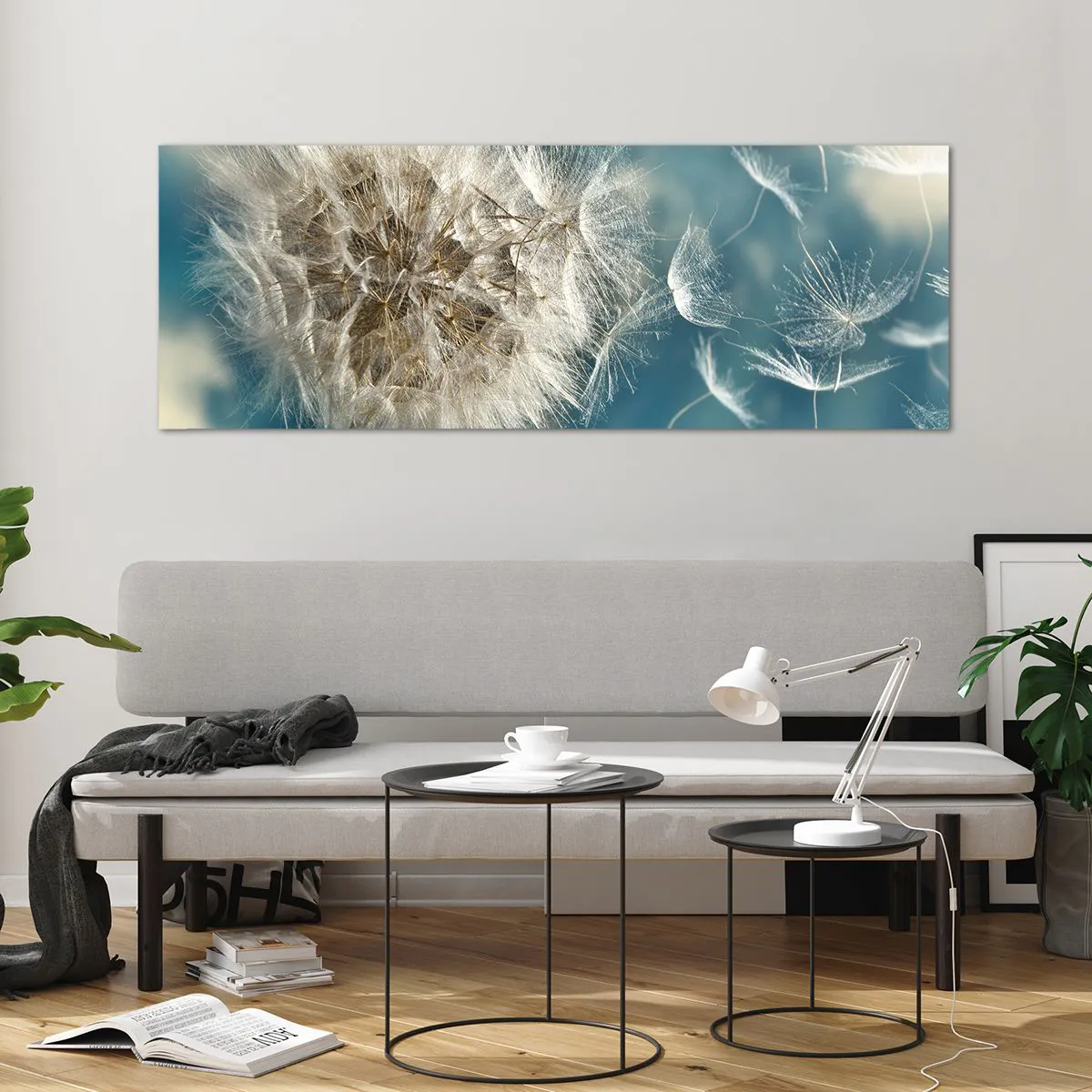 Impression sur verre - Image sur verre - Un pissenlit soufflé contre un ciel bleu - 140x50cm - souffle d'ange - Décoration murale moderne pour le salon et la chambre ARTTOR