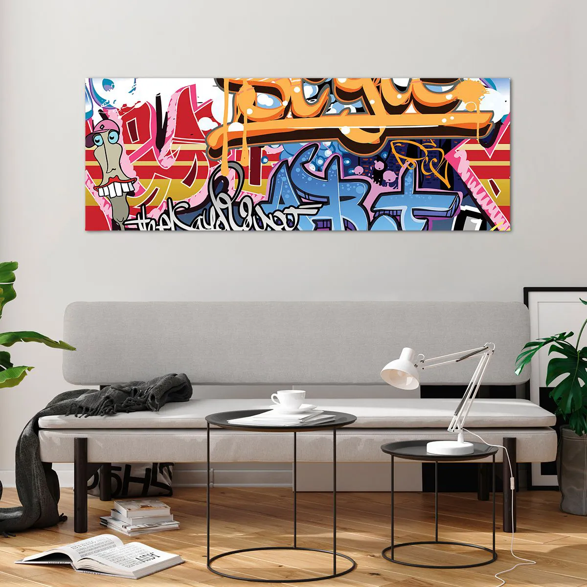 Impression sur verre - Image sur verre - Graffitis colorés avec inscriptions et illustrations dynamiques - 140x50cm - Fresques, fresques, fresques… - Décoration murale moderne pour le salon et la chambre ARTTOR