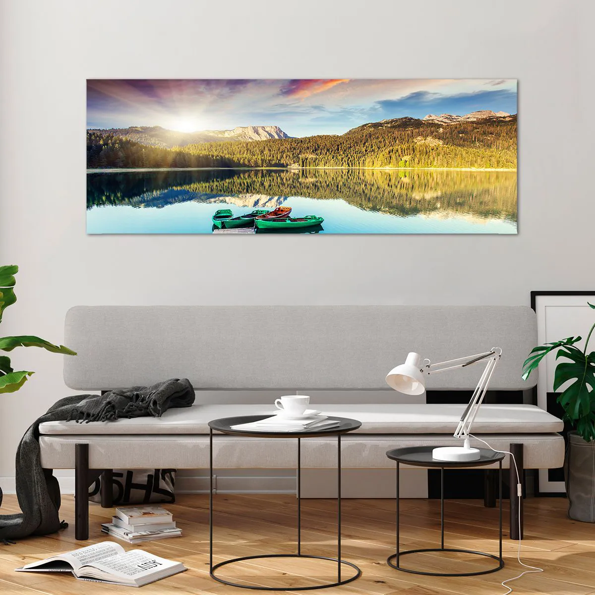 Quadro su vetro - Tramonto sul lago con barche al molo - 140x50cm - Sull'acqua liscia come uno specchio - Decorazione murale moderna per soggiorno e camera da letto ARTTOR