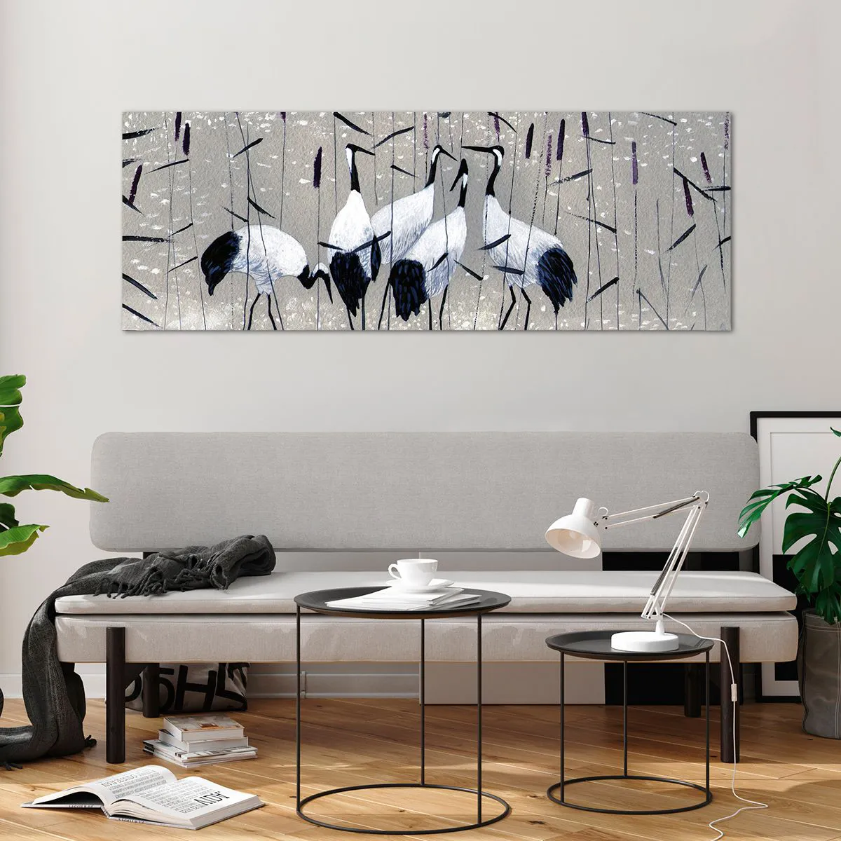 Glasbild - Bild auf glas - Reiher im Gras vor einem friedlichen Hintergrund - 140x50cm - Unter ihren eigenen - Moderne Wanddekoration für Wohnzimmer und Schlafzimmer ARTTOR