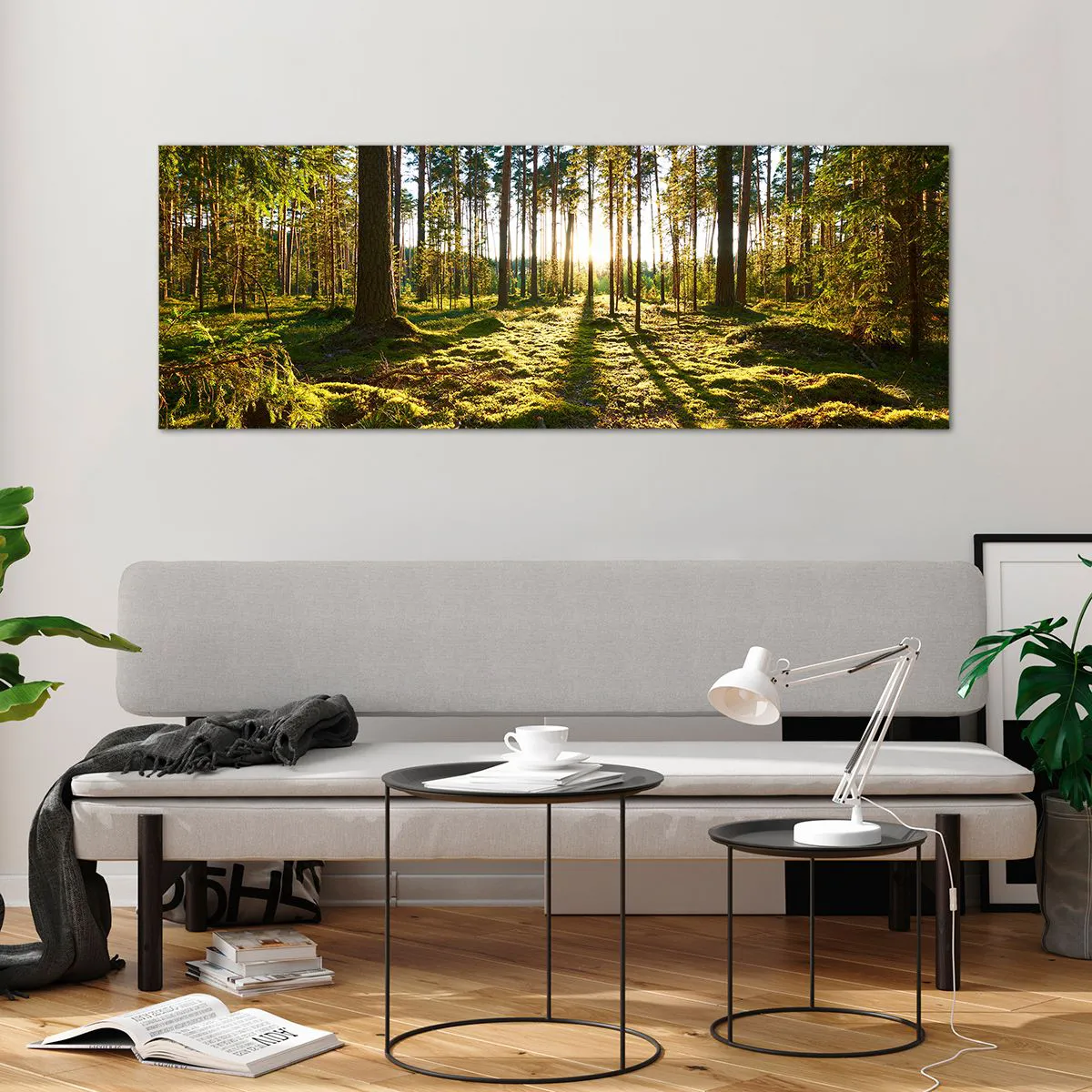 Impression sur verre - Image sur verre - Forêt verte illuminée par la lumière du soleil sur la mousse - 140x50cm - … Derrière les sept forêts - Décoration murale moderne pour le salon et la chambre ARTTOR
